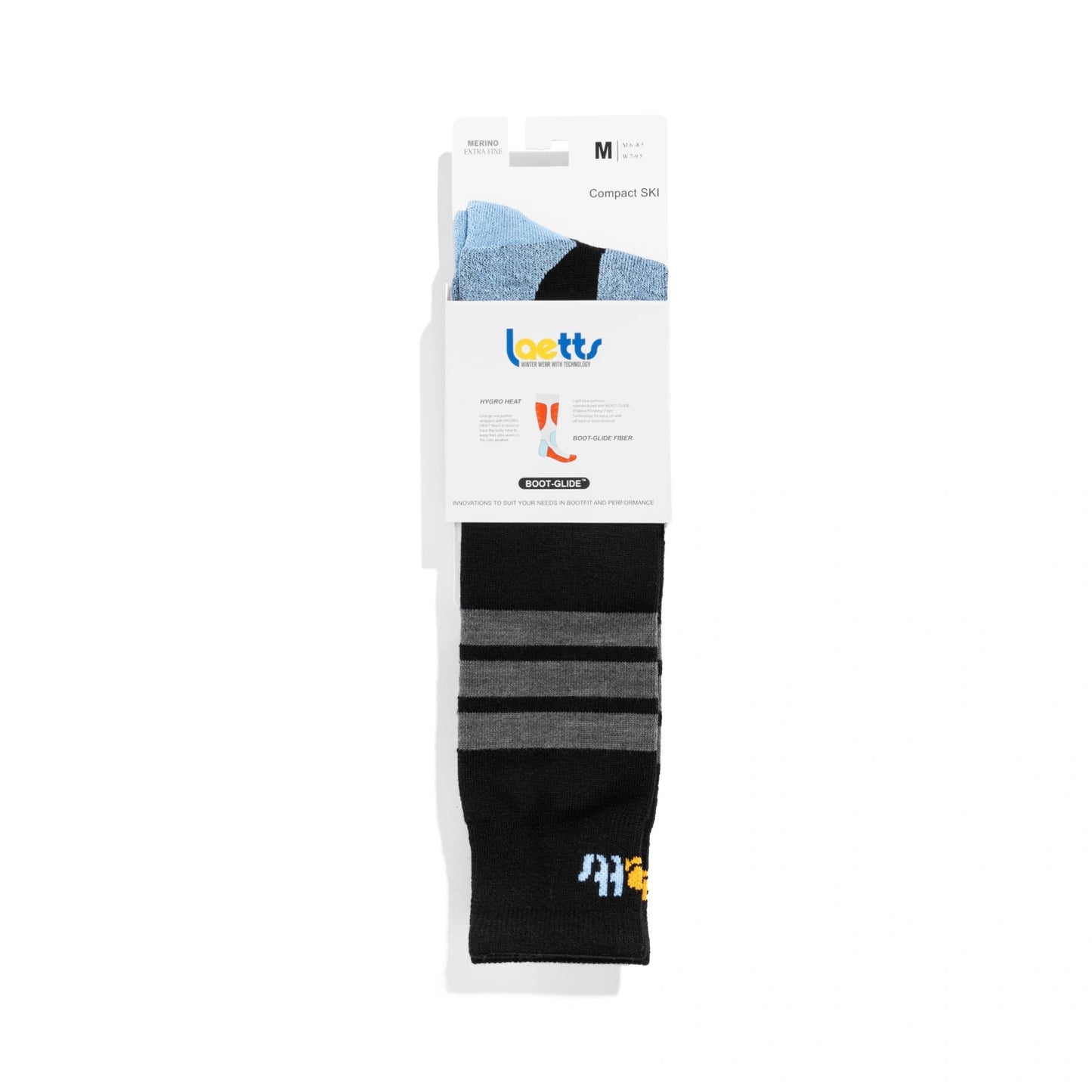 Laetts Light Ski BootGlide ski socks shown folded in retail packaging, featuring HygroHeat warmth and BootGlide easy on/off technology.