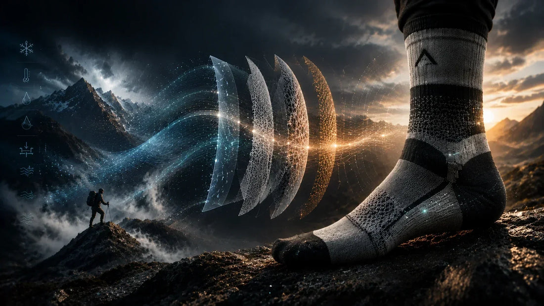 Engineering performance through system design showing how environmental conditions, material layers, and integrated sock technologies work together to optimize warmth, moisture management, comfort, and movement inside outdoor boots.
