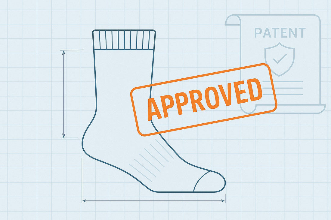 Blueprint-style sock diagram with a bold ‘APPROVED’ stamp and a patent certificate icon—banner for ‘Innovation Secured’ announcing Laetts’ granted sock technology patents.