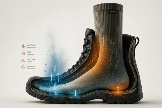 Boot environment system diagram showing a foot inside a boot with a sock, illustrating moisture management, heat regulation, friction control, and pressure distribution with directional flow indicators in a closed footwear system.