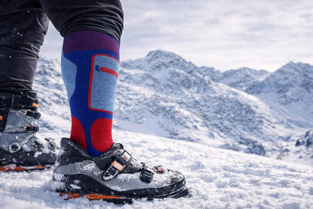 Laetts compression sock worn on lower leg, showing graduated compression zones and performance knit design for support and warmth.