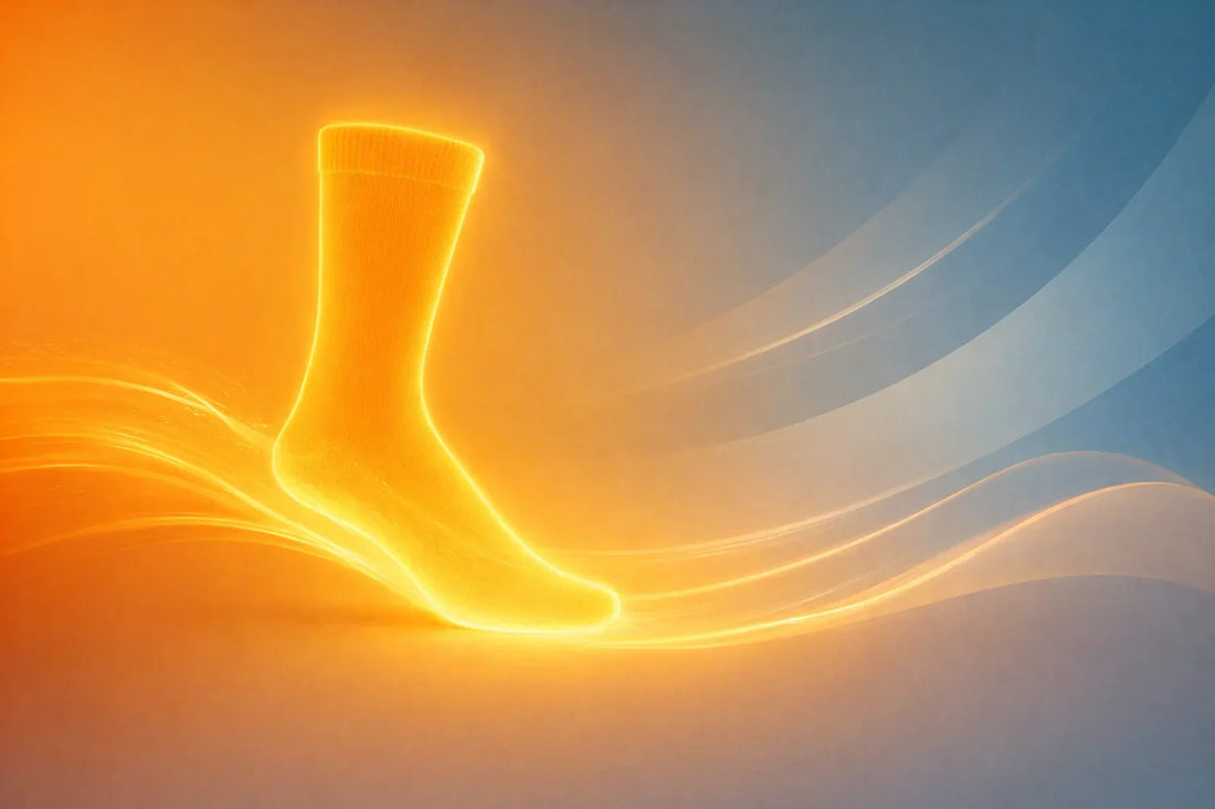 Glowing Laetts sock illustration representing patented HygroHeat™ and BootGlide™ technologies engineered for warmth, comfort, and easy boot entry.