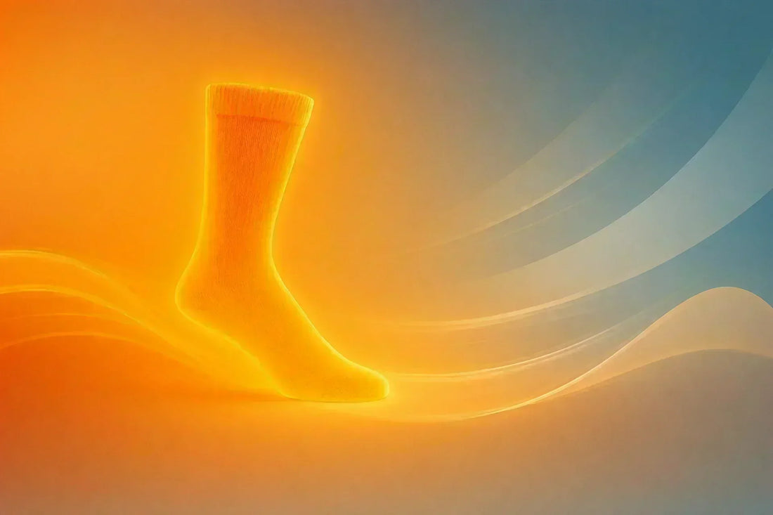 Glowing Laetts sock illustrating patented HygroHeat™ thermal technology and system-based textile engineering