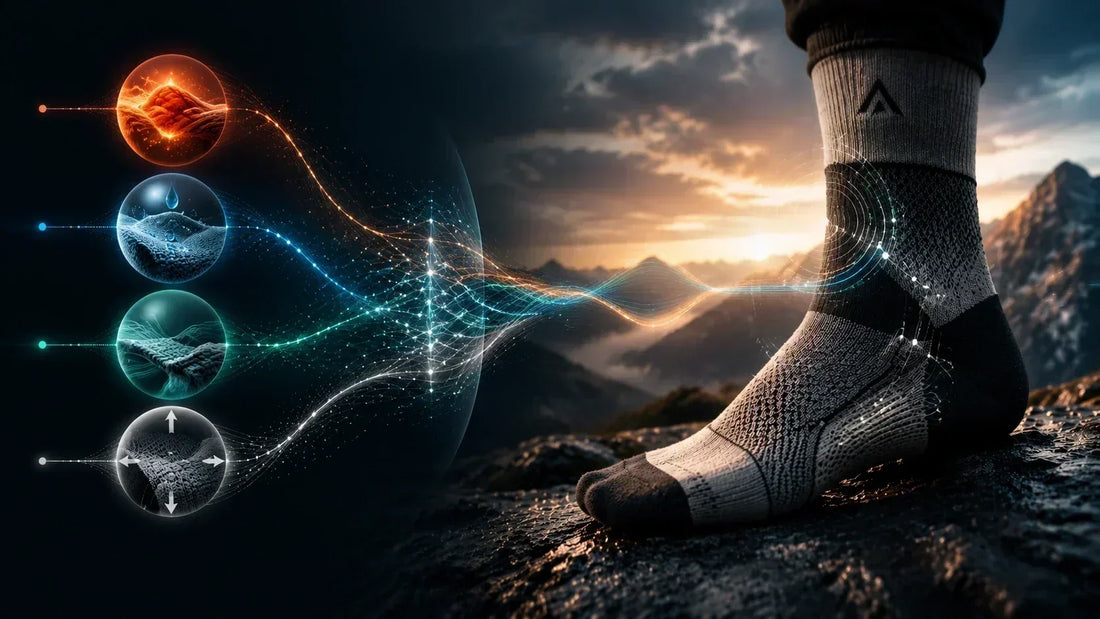LAETTS performance system concept showing individual technologies connecting into an integrated outdoor sock system, representing engineered performance through system design.