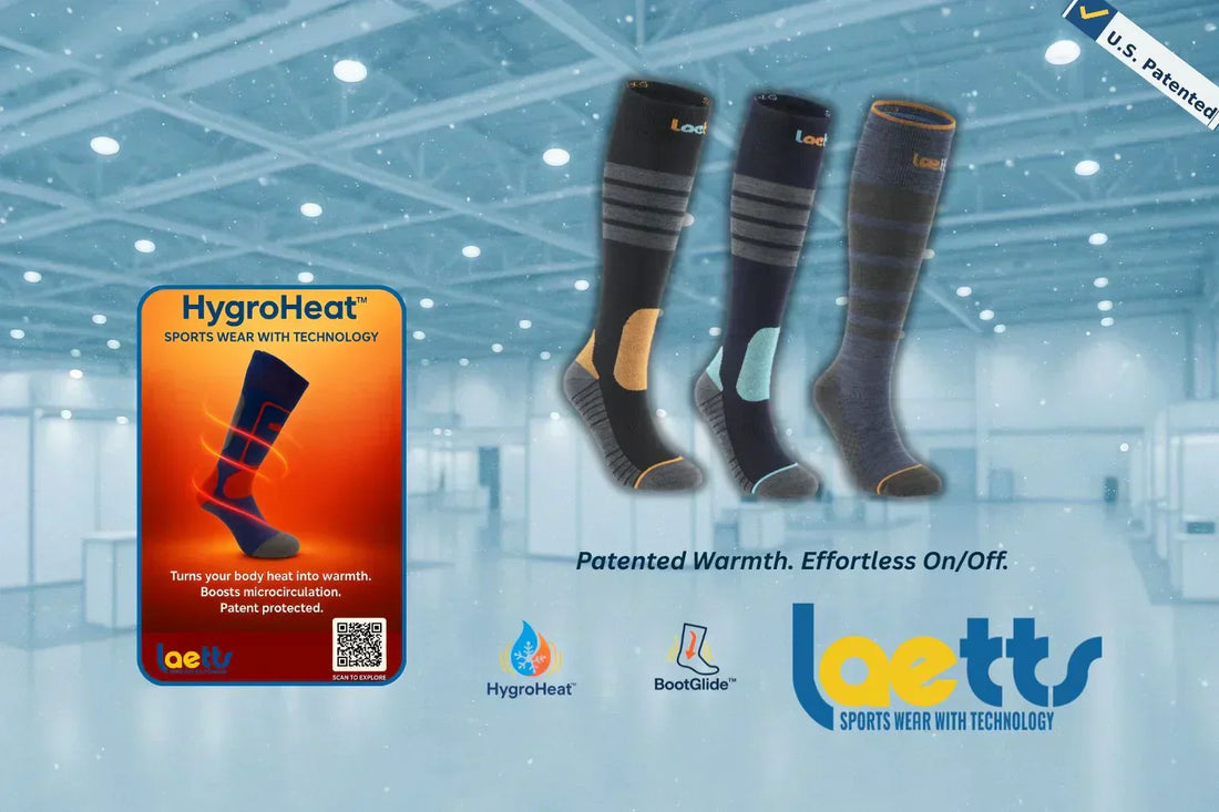 Trade show banner featuring Laetts patented performance socks with HygroHeat™ warmth and BootGlide™ easy-on technology, displayed in a winter-themed exhibition hall background.