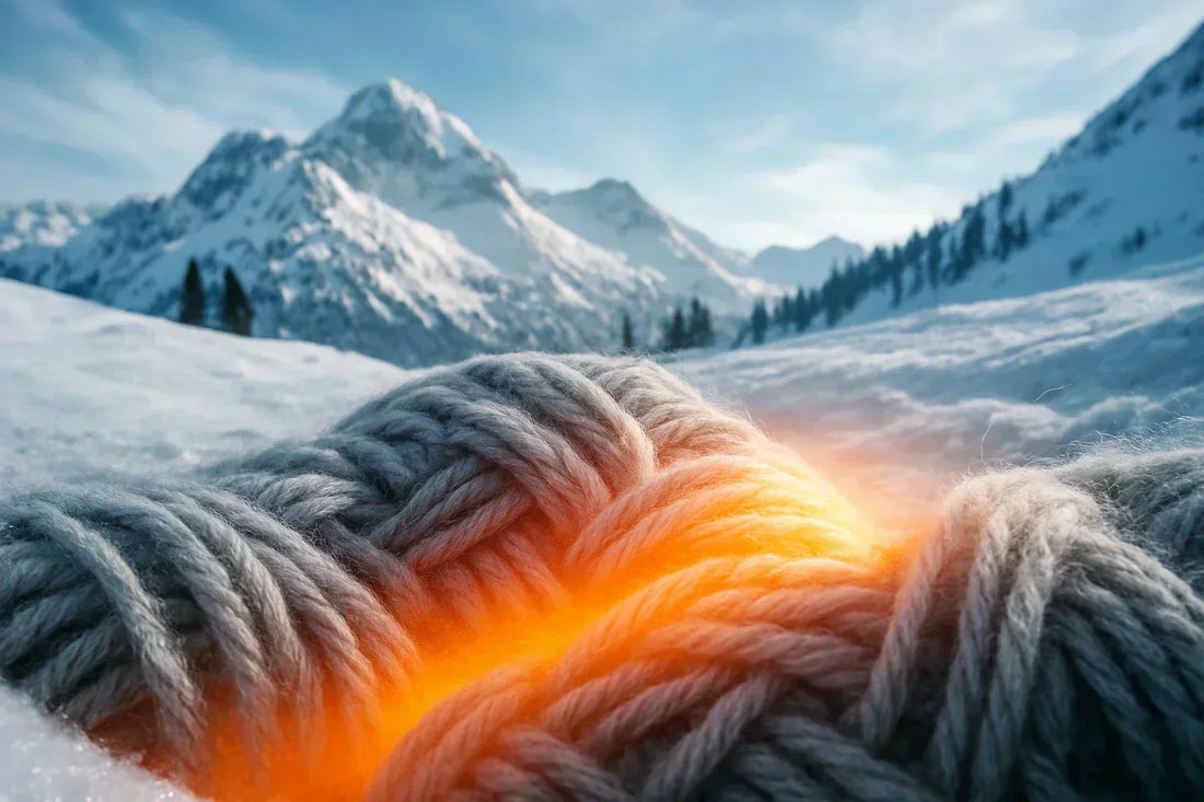 Close-up of Merino wool knit radiating warm glow in a snowy alpine landscape — banner for Laetts Merino Thermal System™ showcasing lightweight, adaptive warmth for winter performance.