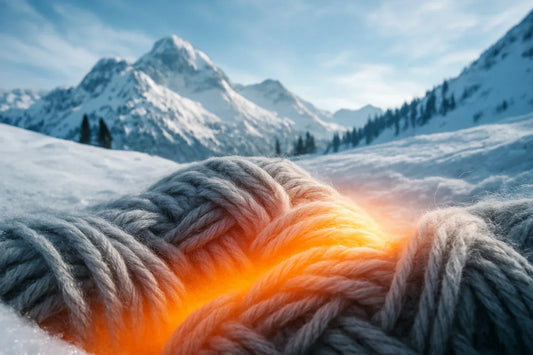 Close-up of Merino wool fibers glowing with retained warmth against a snowy mountain landscape, illustrating the Laetts Merino Thermal System’s ability to deliver warmth without bulk in cold environments.
