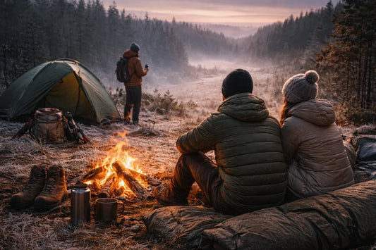 Campers resting by a fire at a cold-weather campsite at dawn, illustrating thermal comfort and heat retention during low-activity outdoor conditions.
