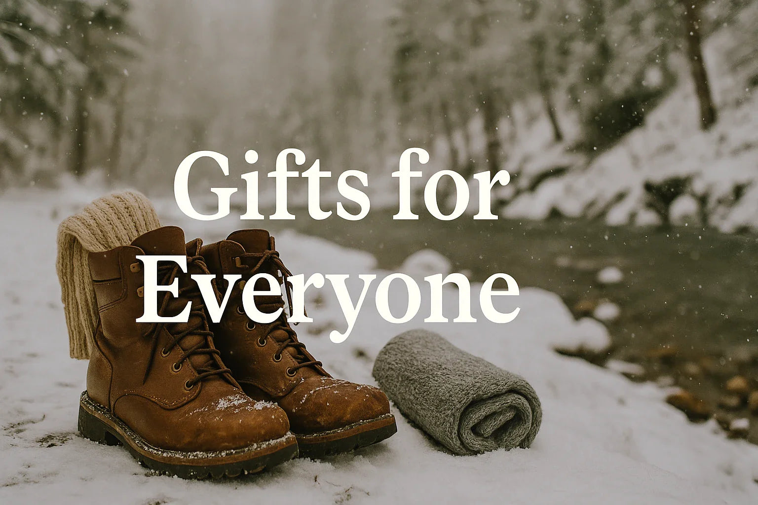 Cozy winter scene featuring boots and rolled wool socks in the snow, with the text “Gifts for Everyone,” promoting Laetts warm outdoor gift ideas.
