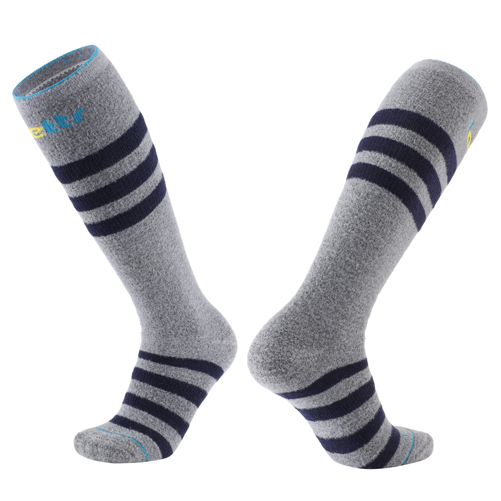 Laetts Men’s Heavy+ Outdoor Socks in light gray with navy stripes, over-the-calf height, featuring a plush Merino wool blend with HygroHeat™ thermal technology for maximum warmth in extreme cold.
