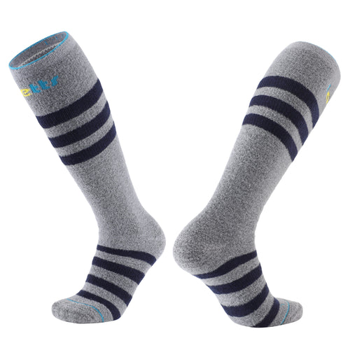 Laetts Men’s Heavy+ Outdoor Socks in light gray with navy stripes, over-the-calf height, featuring a plush Merino wool blend with HygroHeat™ thermal technology for maximum warmth in extreme cold.