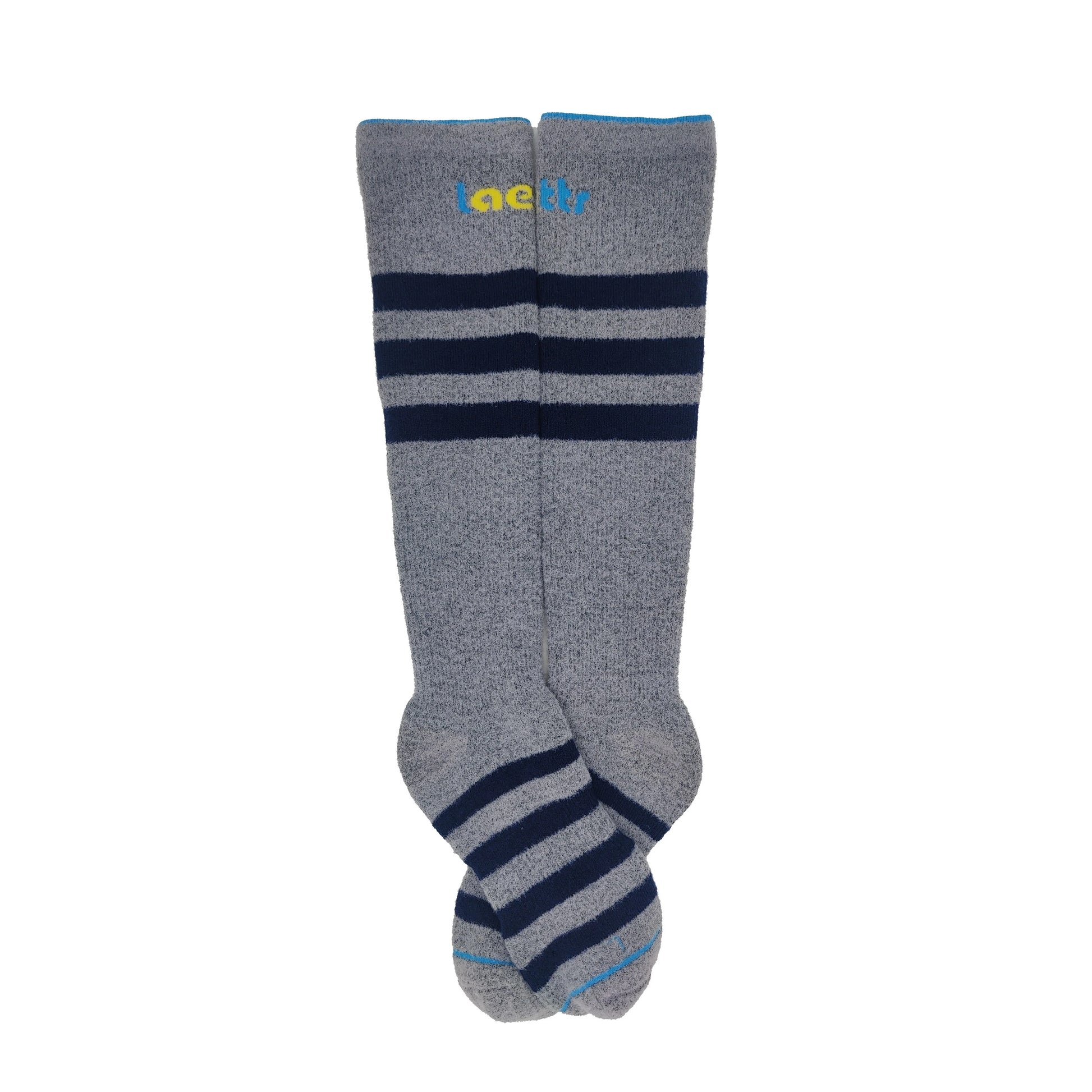 Laetts Men’s Heavy+ Outdoor Socks in heather gray with navy stripes, over-the-calf (OTC) height, made with Merino wool and patented HygroHeat™ technology for maximum warmth in extreme cold.