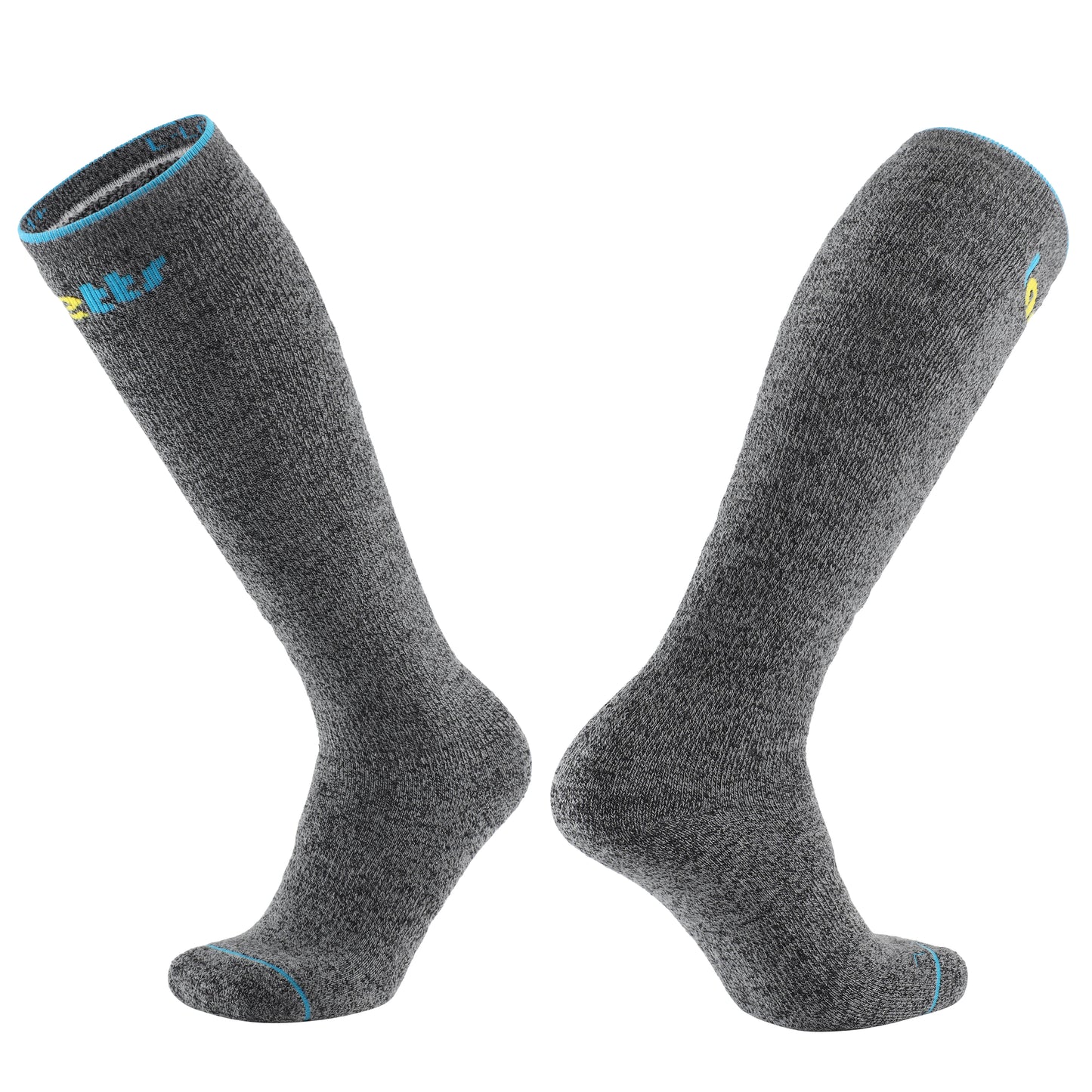 Laetts Men’s Heavy Outdoor Over-the-Calf Socks in dark charcoal gray, shown in 3D upright display, featuring Merino wool doubling-yarn construction with patented HygroHeat™ thermal technology for maximum warmth in cold weather.