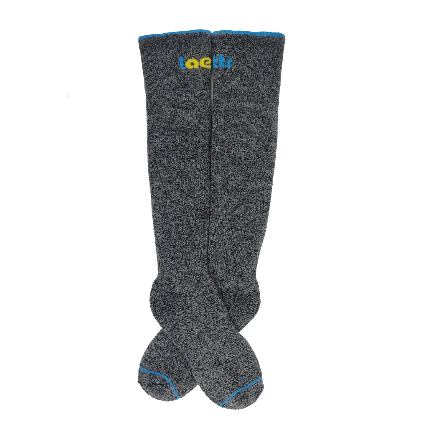 Laetts Men’s Heavy Outdoor Over-the-Calf Socks laid flat, dark charcoal gray Merino wool doubling-yarn construction with patented HygroHeat™ warmth technology for maximum thermal insulation.