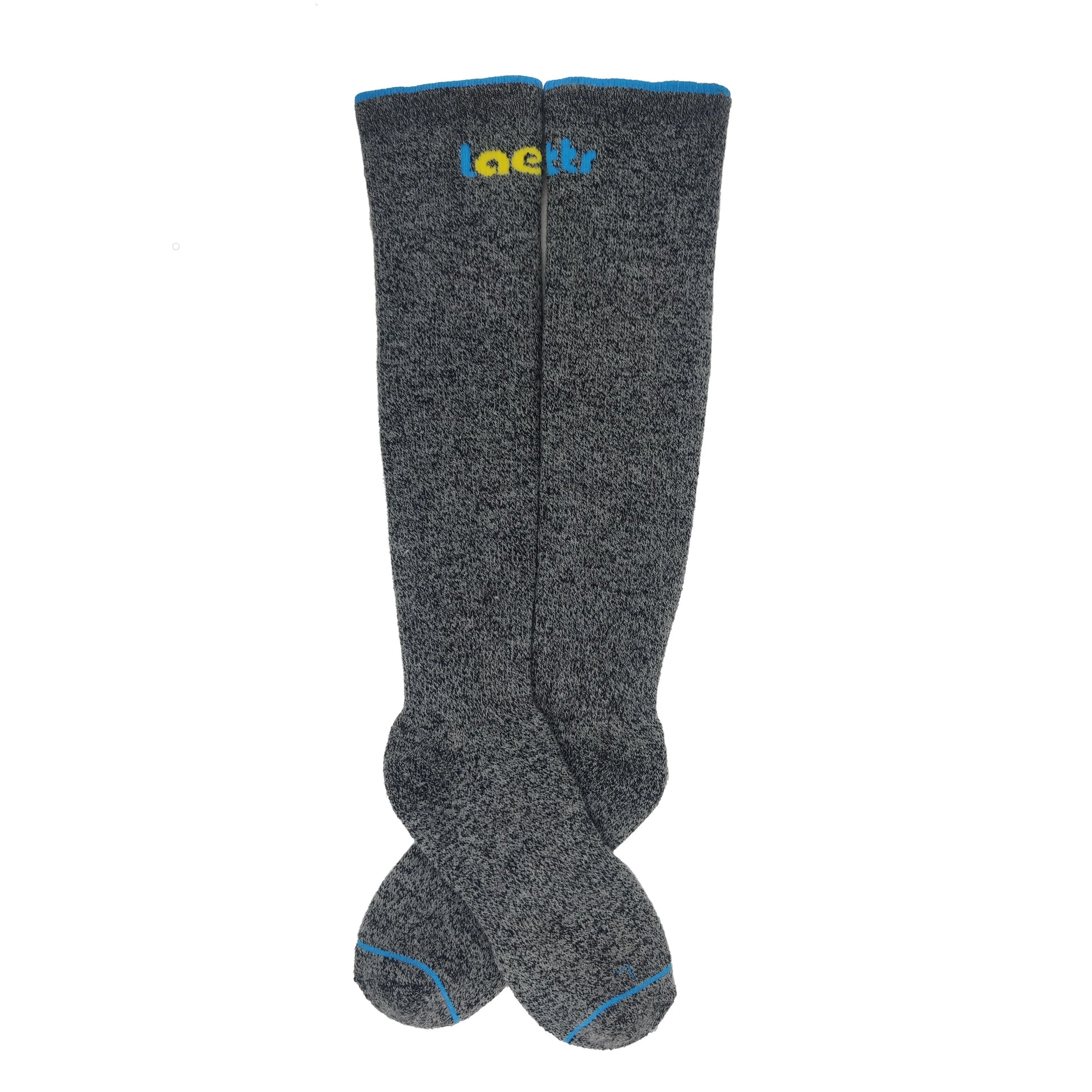 Laetts Men’s Heavy Outdoor Over-the-Calf Socks laid flat, dark charcoal gray Merino wool doubling-yarn construction with patented HygroHeat™ warmth technology for maximum thermal insulation.