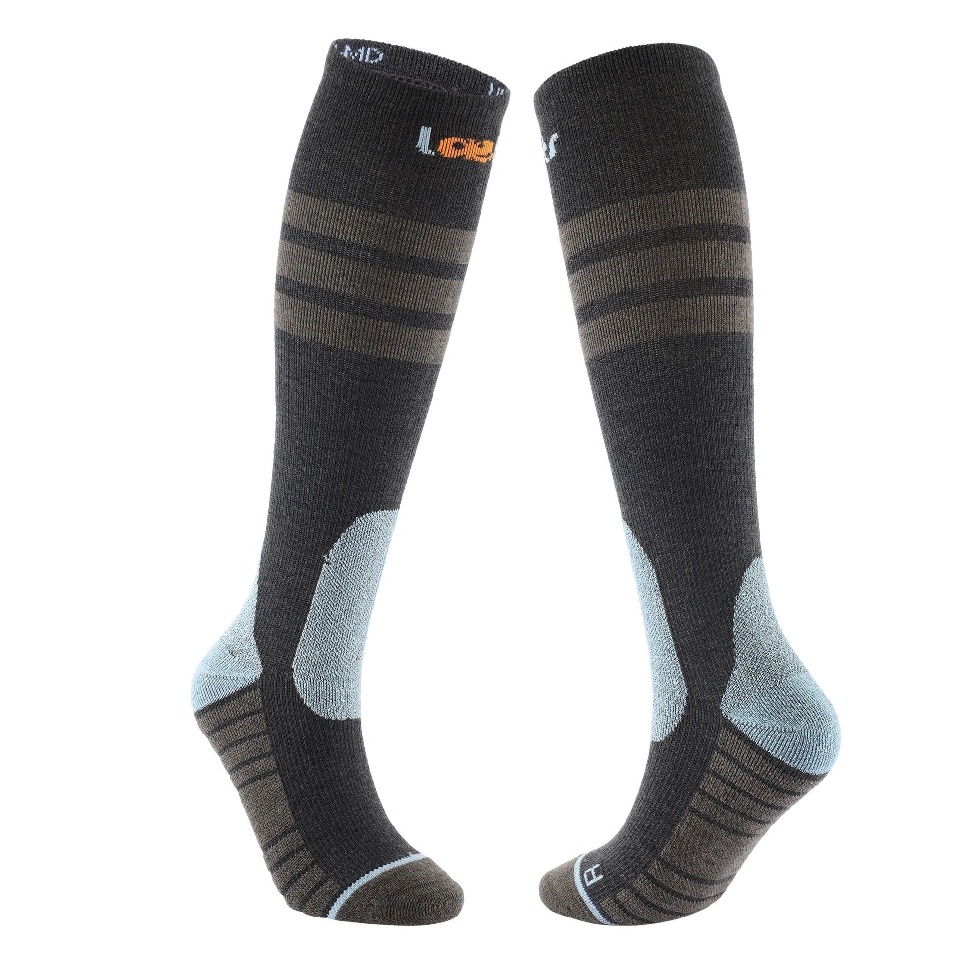 Laetts Light Ski BootGlide Compression Socks displayed front and back, featuring HygroHeat warmth and BootGlide easy on/off technology for ski boot performance.