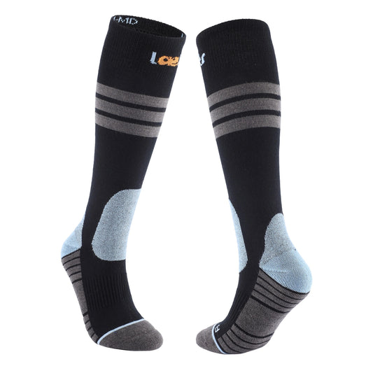 Laetts Light Ski BootGlide merino ski socks in black/gray with HygroHeat warmth and BootGlide low-friction zones for easier boot on/off.