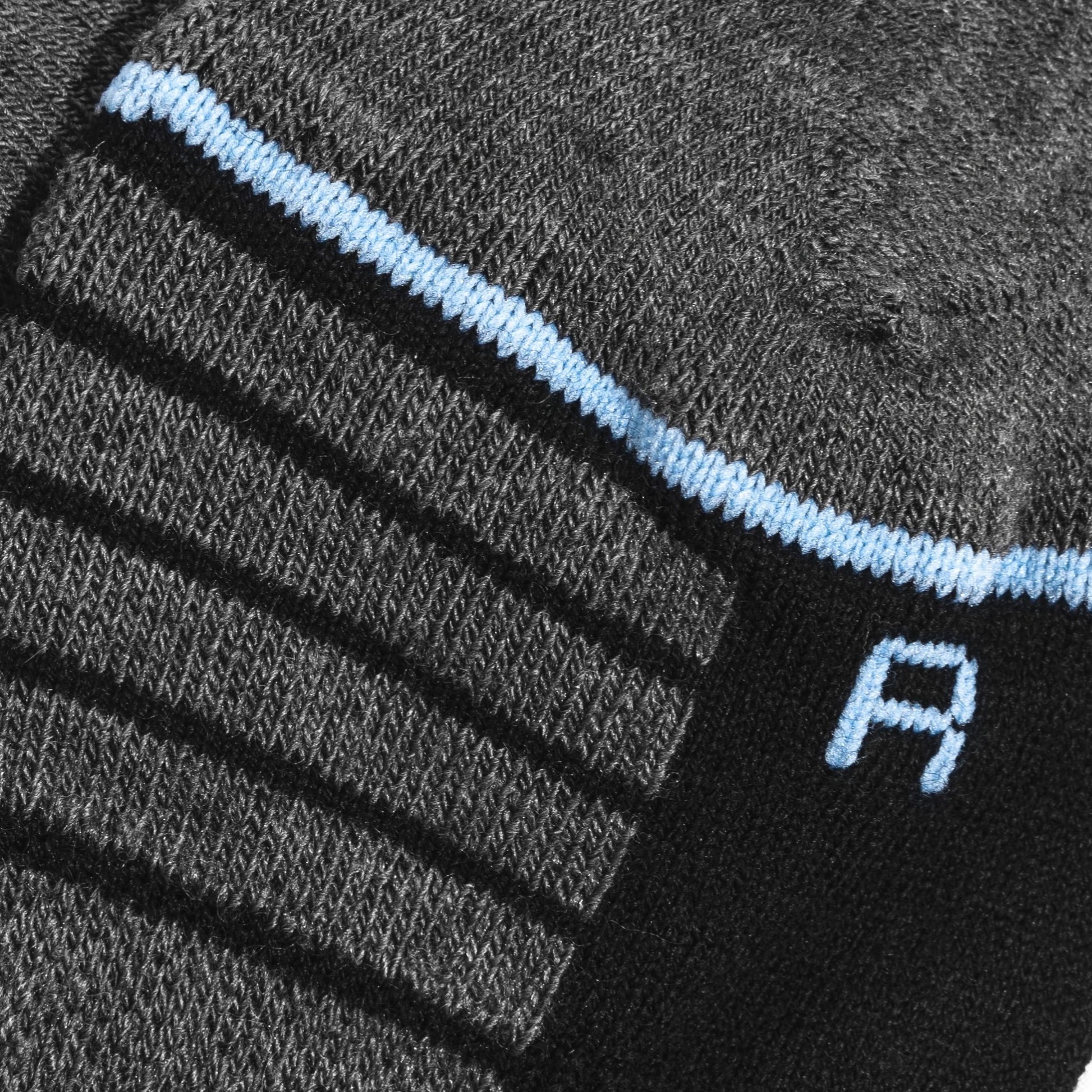 Detail close-up of Laetts Light Ski BootGlide ski sock showing BootGlide low-friction zone and “A” Left/Right foot marking.