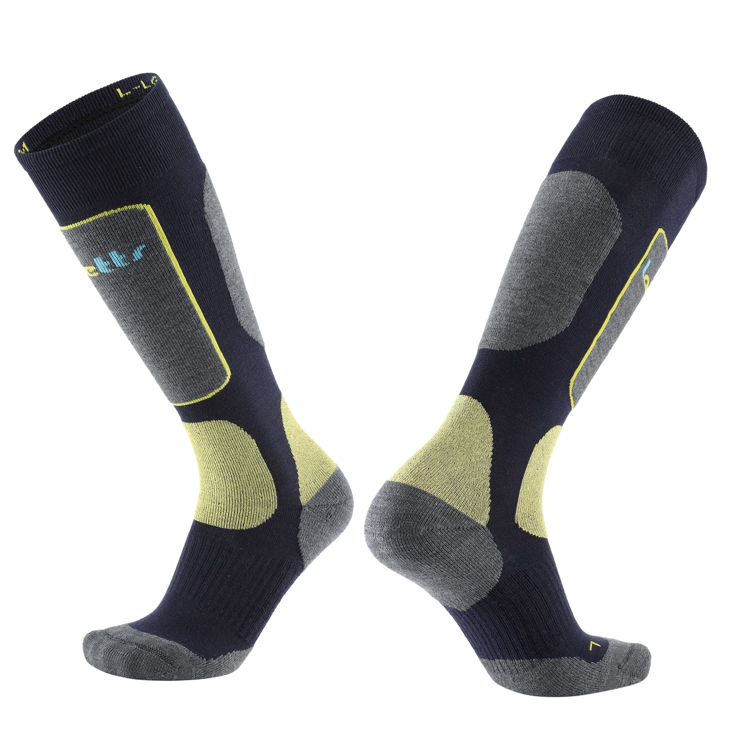 Pair of Laetts men’s Light Snowboard BootGlide™ socks in navy, gray, and yellow. Over-the-calf design with patented BootGlide™ low-friction yellow zones for smooth boot entry and removal. Features gray reinforced heel and toe panels, HygroHeat™ warmth system, and premium Merino wool blend for lightweight thermal comfort.