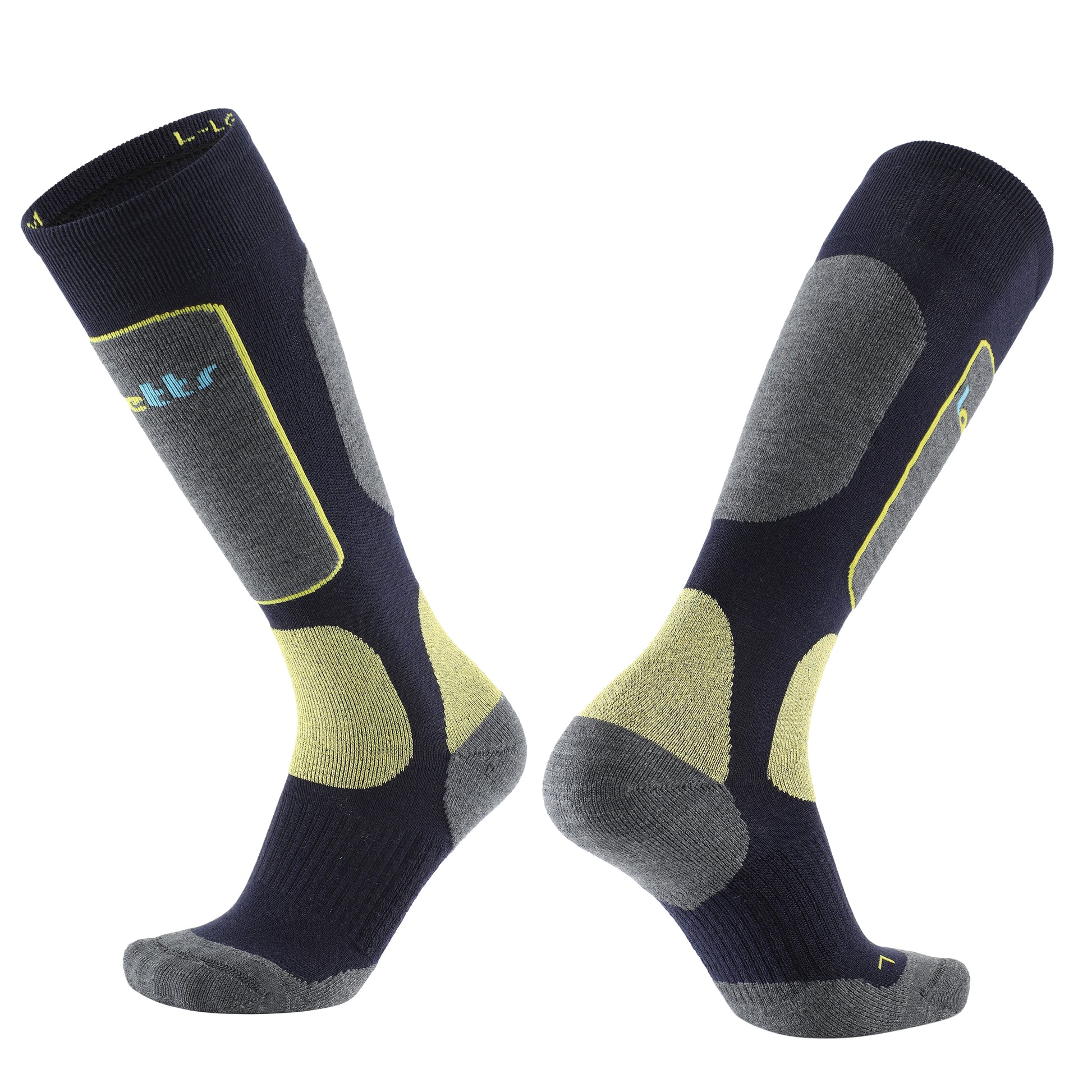 Pair of Laetts men’s Light Snowboard BootGlide™ socks in navy, gray, and yellow. Over-the-calf design with patented BootGlide™ low-friction yellow zones for smooth boot entry and removal. Features gray reinforced heel and toe panels, HygroHeat™ warmth system, and premium Merino wool blend for lightweight thermal comfort.