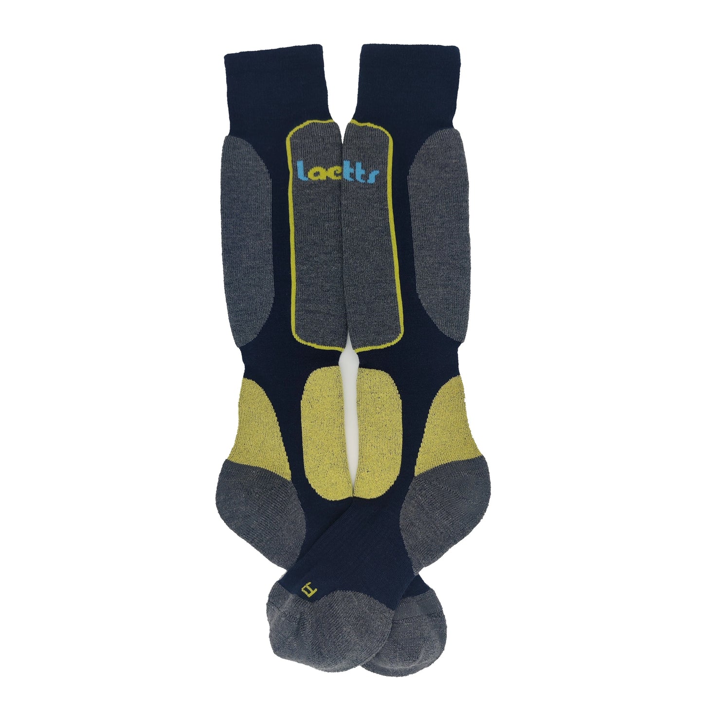 Laetts men’s Light Snowboard BootGlide™ socks shown flat, over-the-calf length, featuring yellow BootGlide™ low-friction zones for easier boot entry and removal, gray reinforced panels, and Merino wool with patented HygroHeat™ warmth technology.
