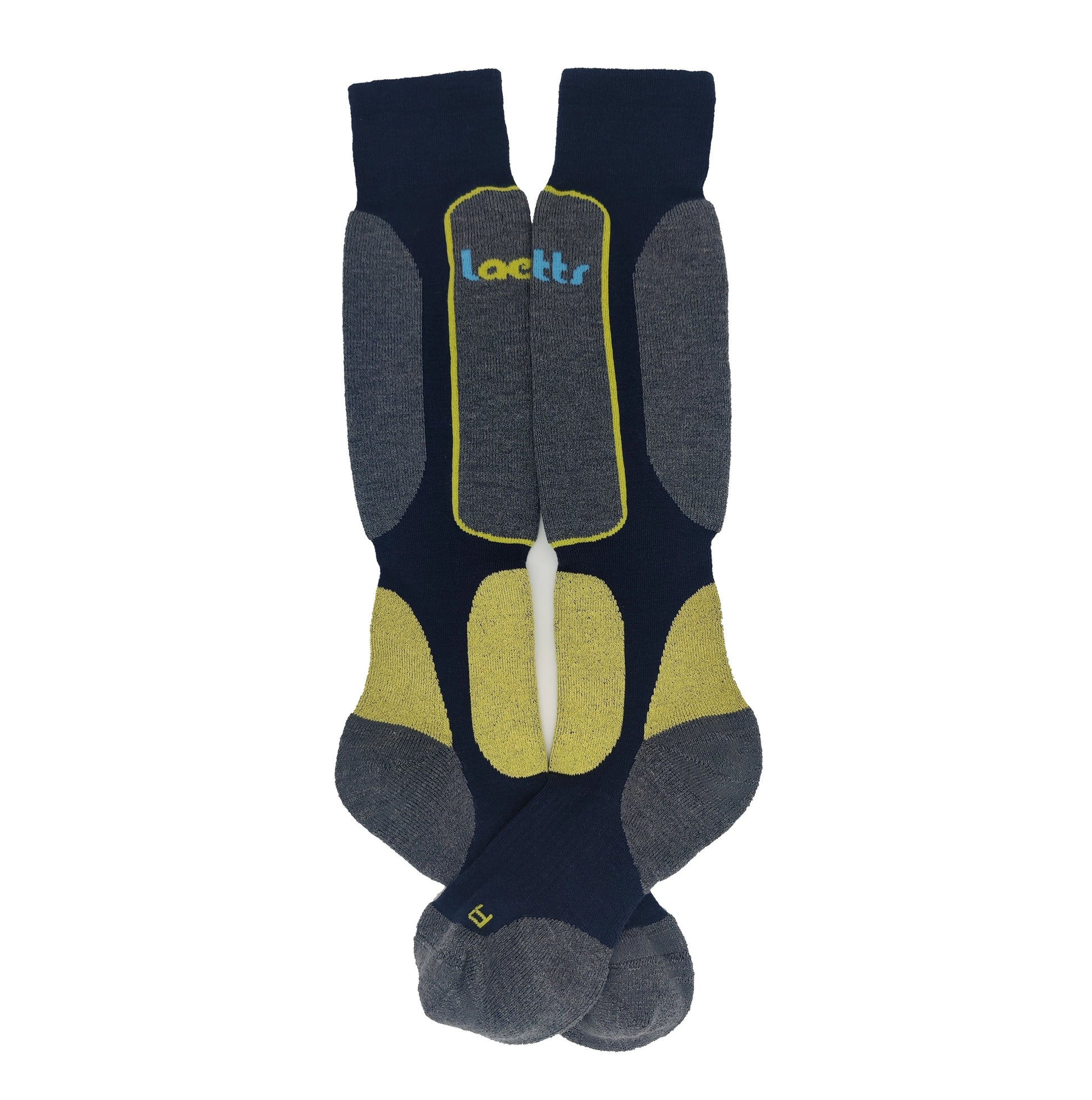 Laetts men’s Light Snowboard BootGlide™ socks shown flat, over-the-calf length, featuring yellow BootGlide™ low-friction zones for easier boot entry and removal, gray reinforced panels, and Merino wool with patented HygroHeat™ warmth technology.