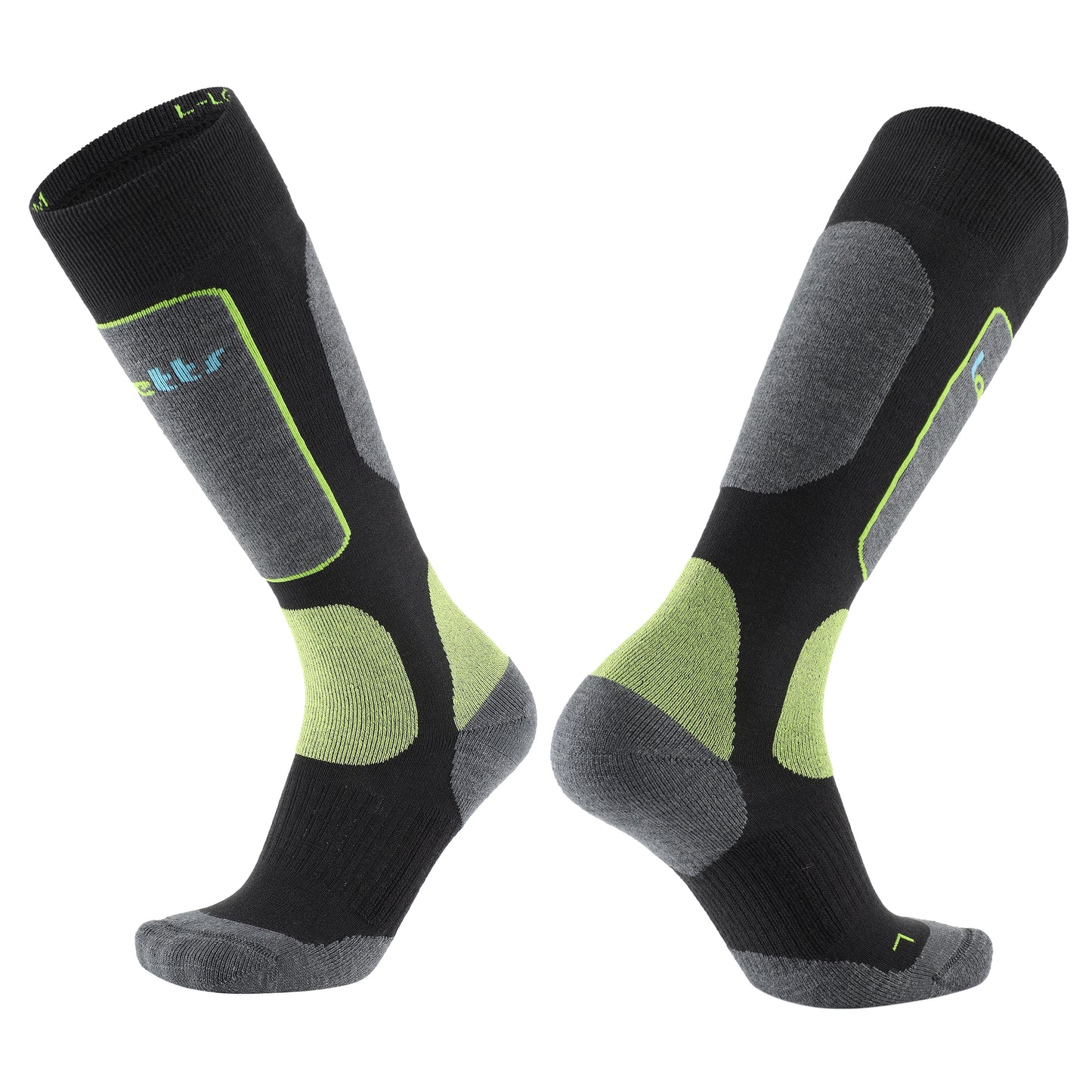 Laetts women’s Light Snowboard BootGlide™ socks in black with gray panels and green BootGlide™ low-friction zones. Over-the-calf (OTC) design featuring patented BootGlide™ and HygroHeat™ technologies with Merino wool for warmth, comfort, and easier boot entry.