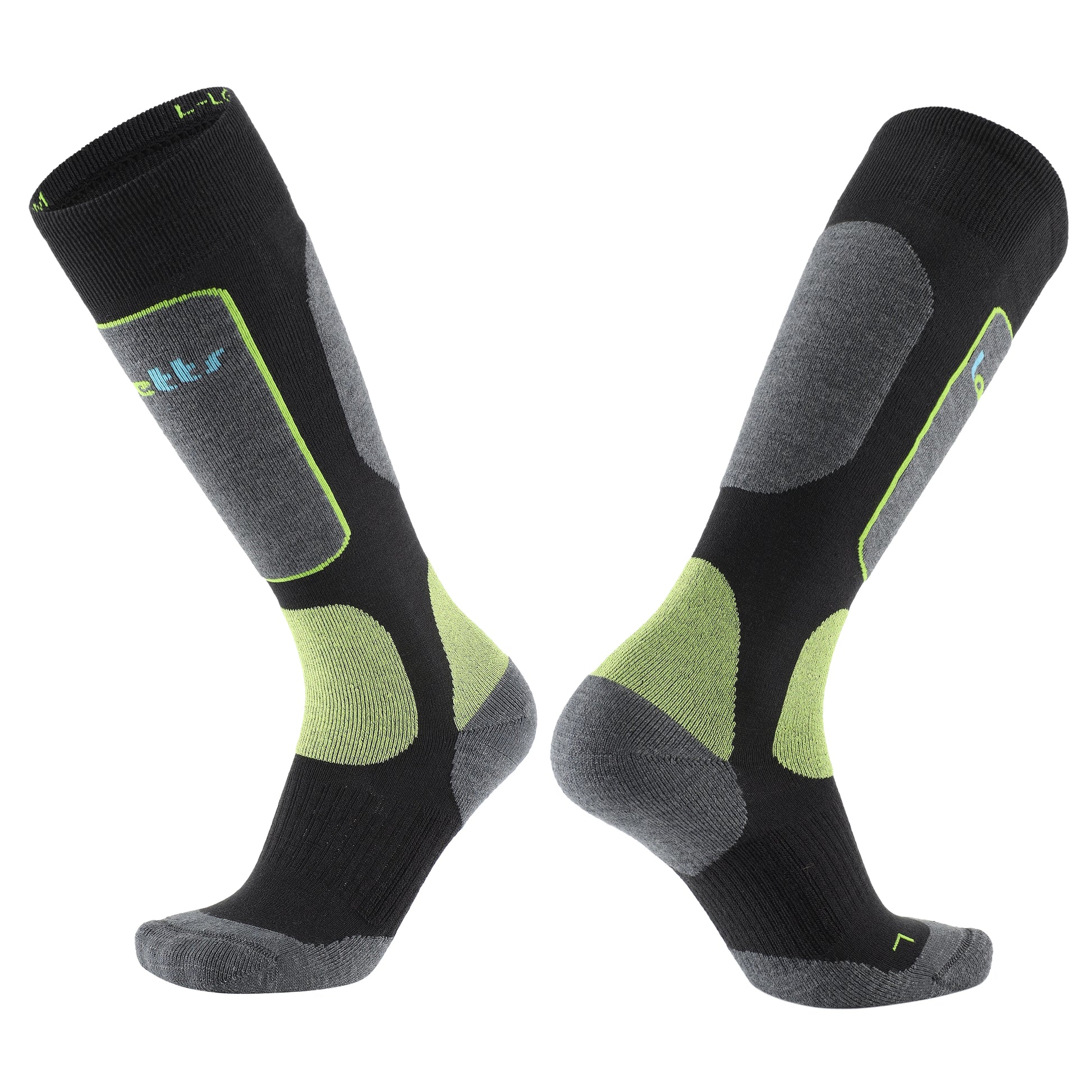 Laetts women’s Light Snowboard BootGlide™ socks in black with gray panels and green BootGlide™ low-friction zones. Over-the-calf (OTC) design featuring patented BootGlide™ and HygroHeat™ technologies with Merino wool for warmth, comfort, and easier boot entry.