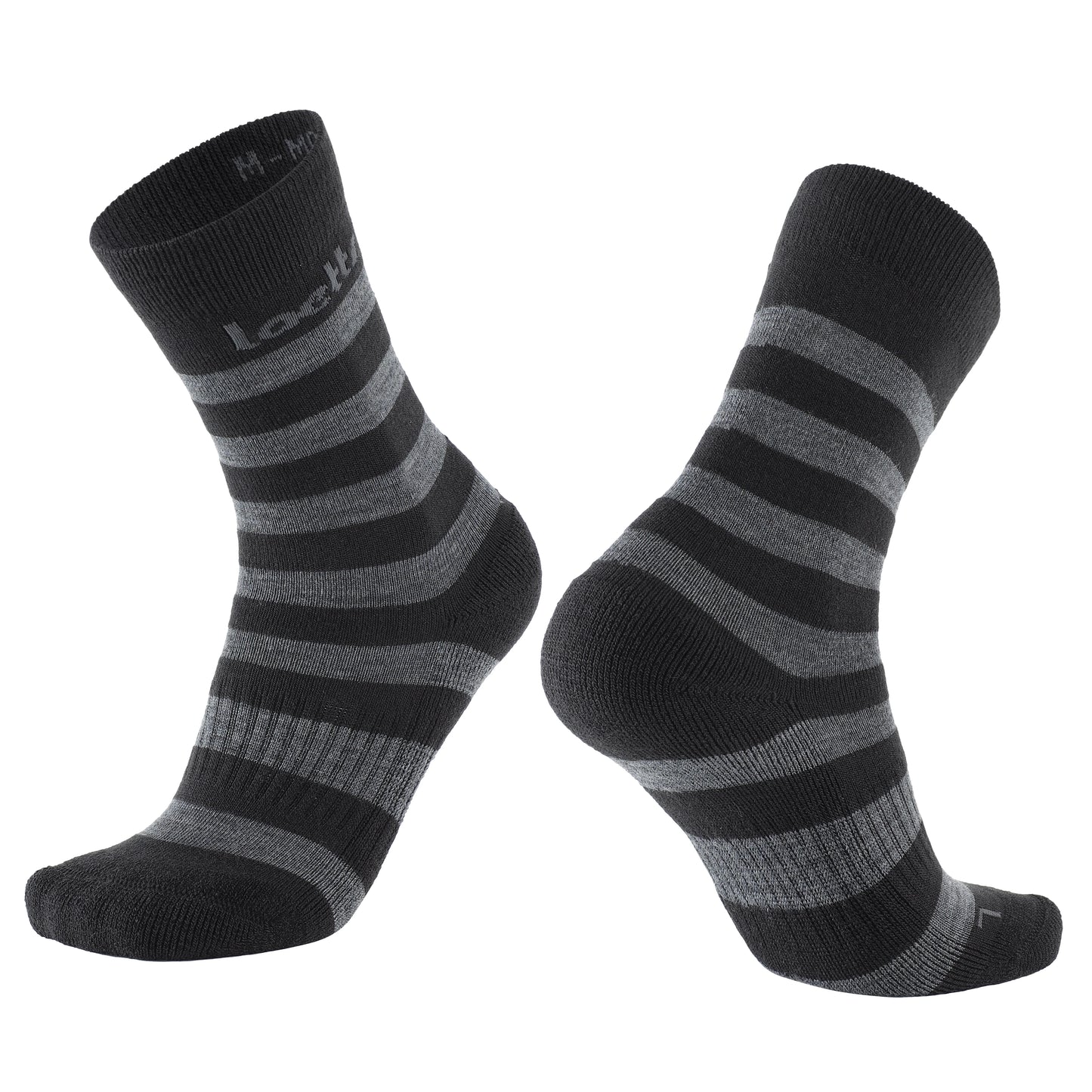 Black and gray striped Laetts Merino wool crew socks featuring patent-allowed HygroHeat™ warmth technology for medium cushioning everyday wear.