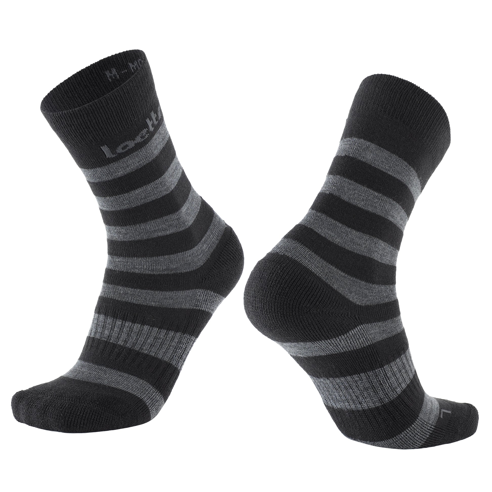 Black and gray striped Laetts Merino wool crew socks featuring patent-allowed HygroHeat™ warmth technology for medium cushioning everyday wear.