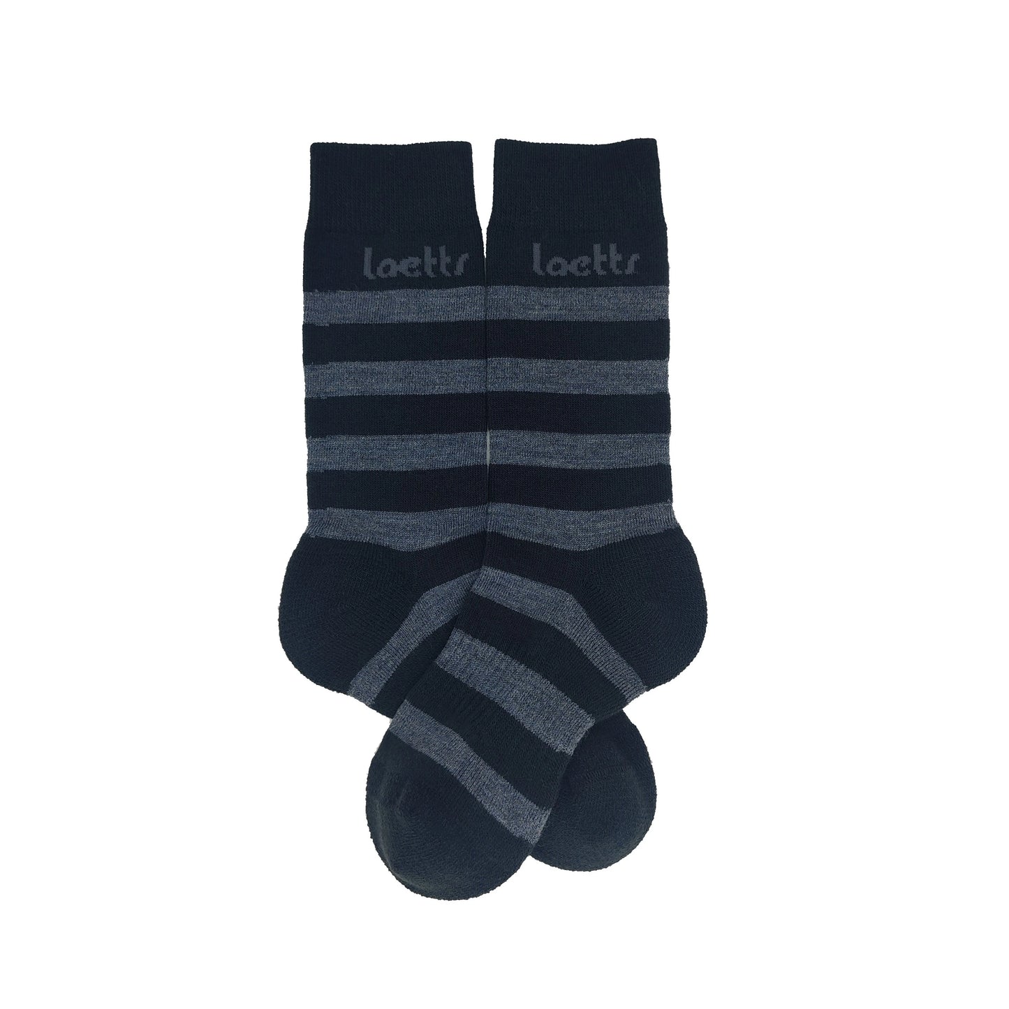 Laetts black and gray striped Merino wool crew socks with patent-allowed HygroHeat™ thermal technology, flat product display.