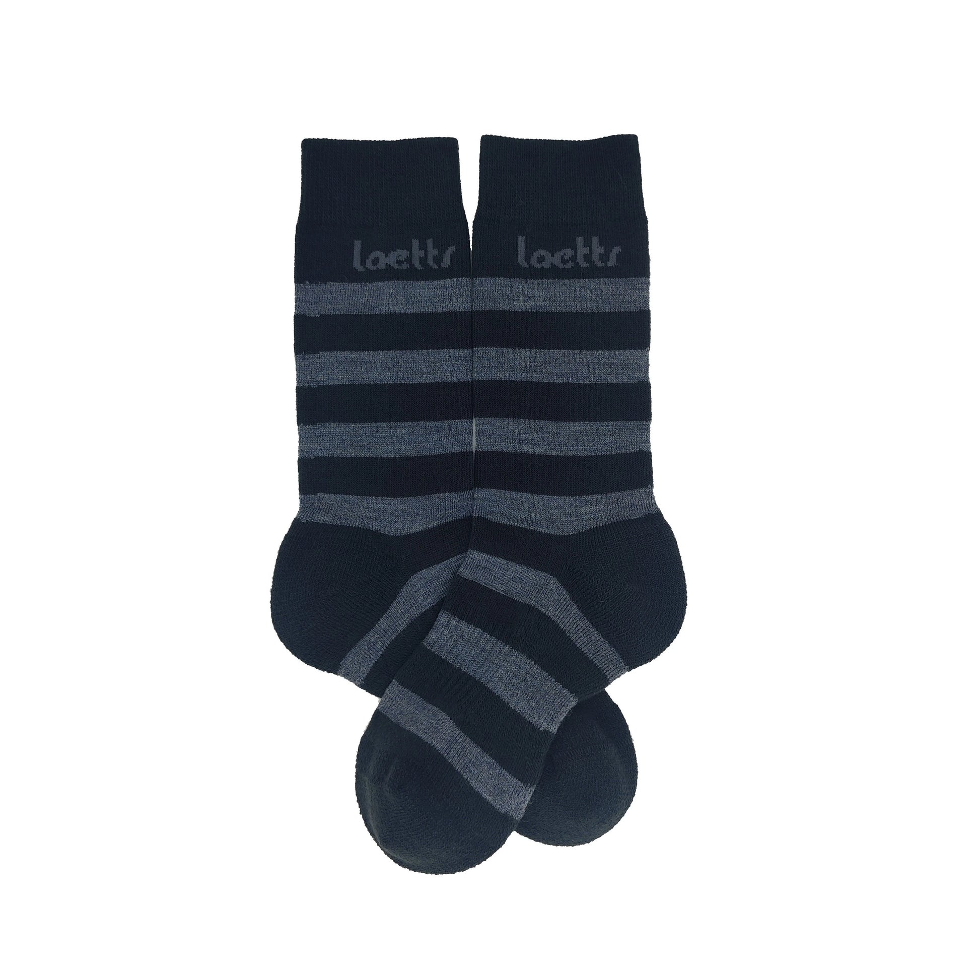 Laetts black and gray striped Merino wool crew socks with patent-allowed HygroHeat™ thermal technology, flat product display.