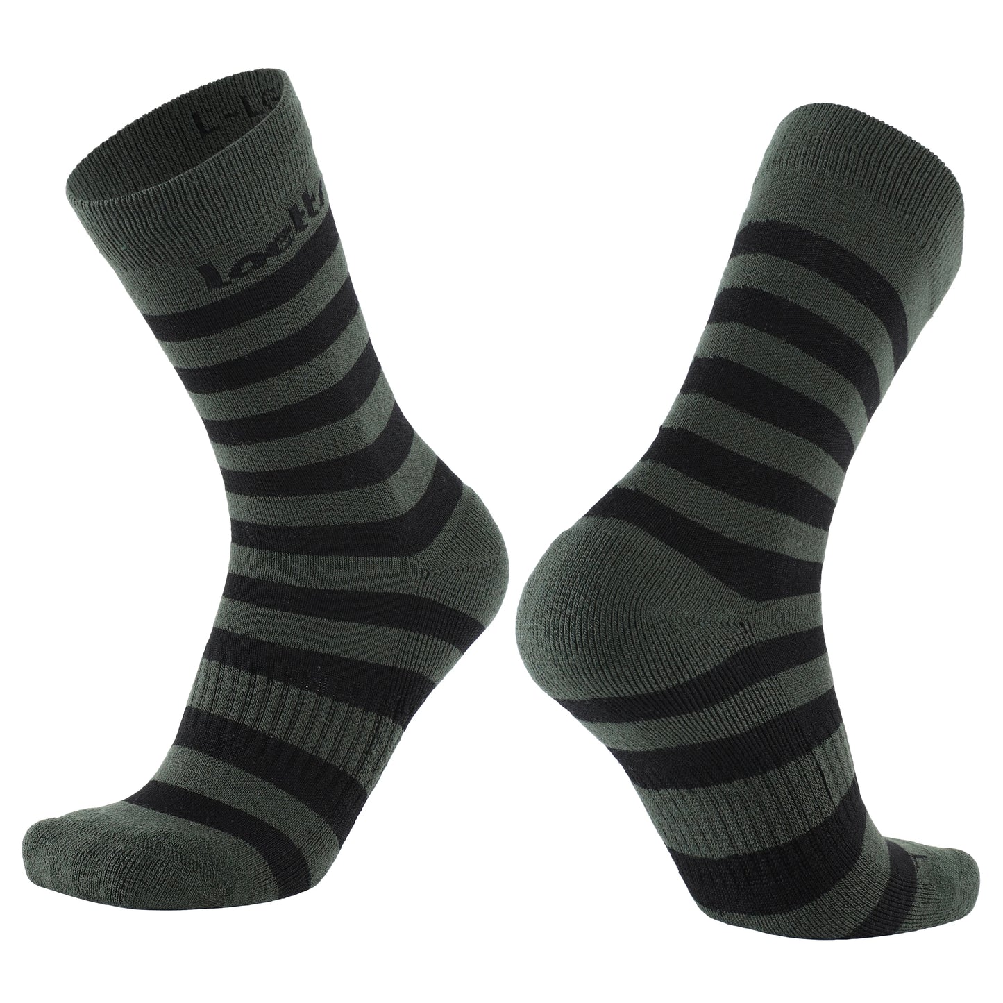 Laetts green and black striped Merino wool crew socks with patent-allowed HygroHeat™ thermal technology, angled product display.