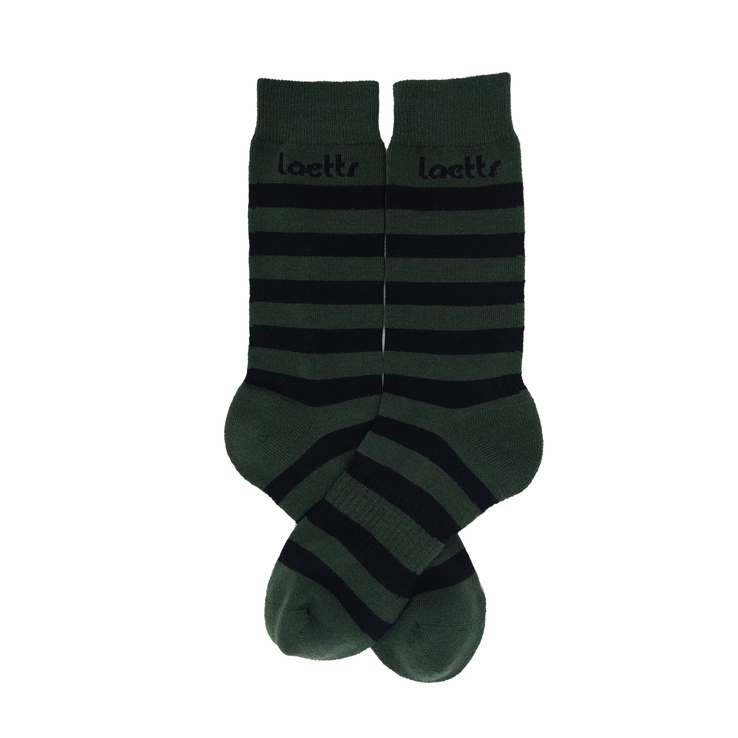 Laetts green and black striped Merino wool crew socks with patent-allowed HygroHeat™ thermal technology, flat lay product image.