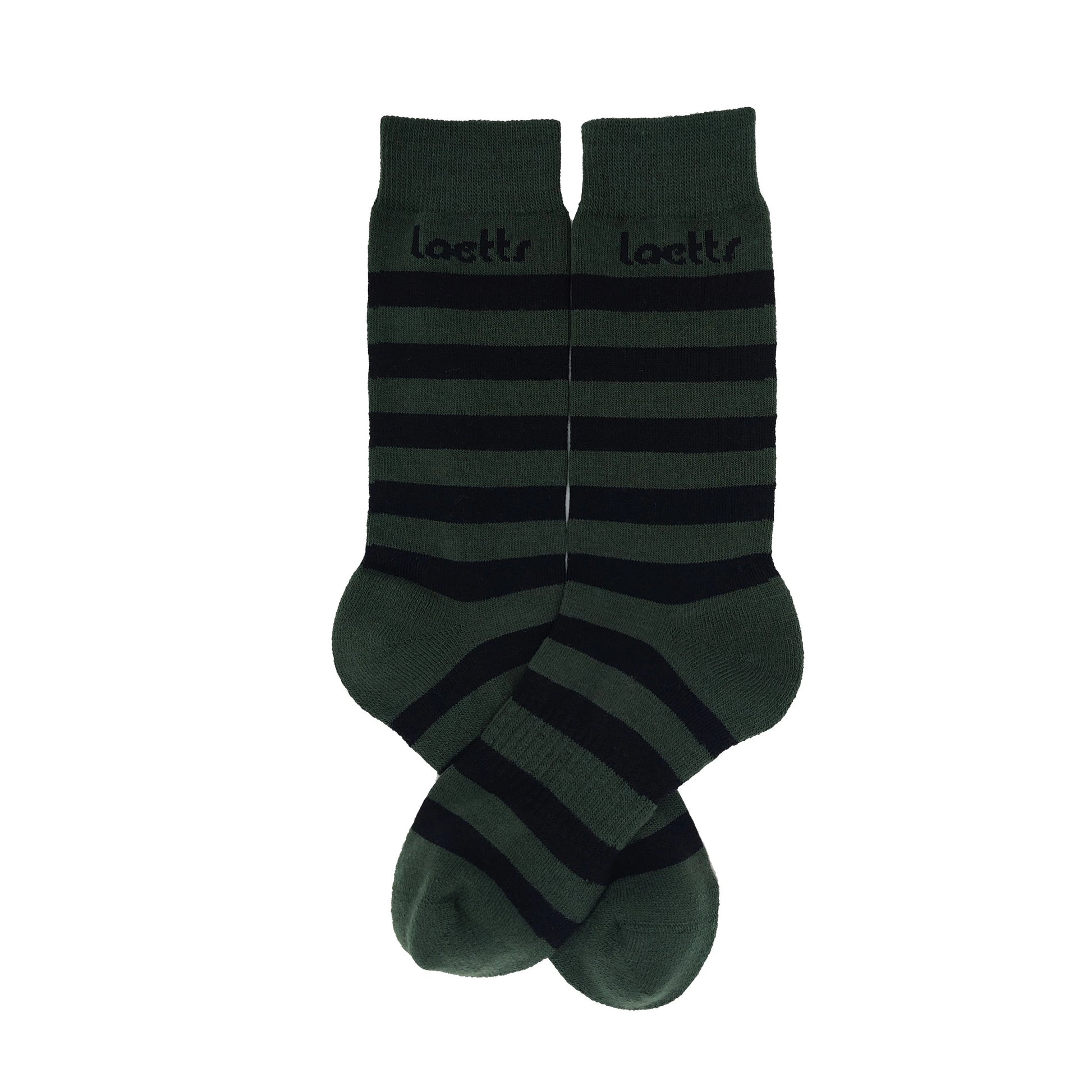Laetts green and black striped Merino wool crew socks with patent-allowed HygroHeat™ thermal technology, flat lay product image.