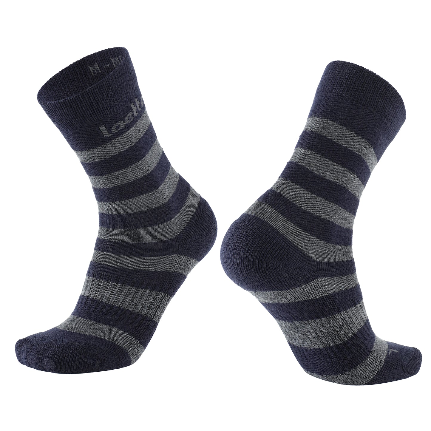 Laetts navy and gray striped Merino wool crew socks with patent-allowed HygroHeat™ thermal technology, shown in angled product display.