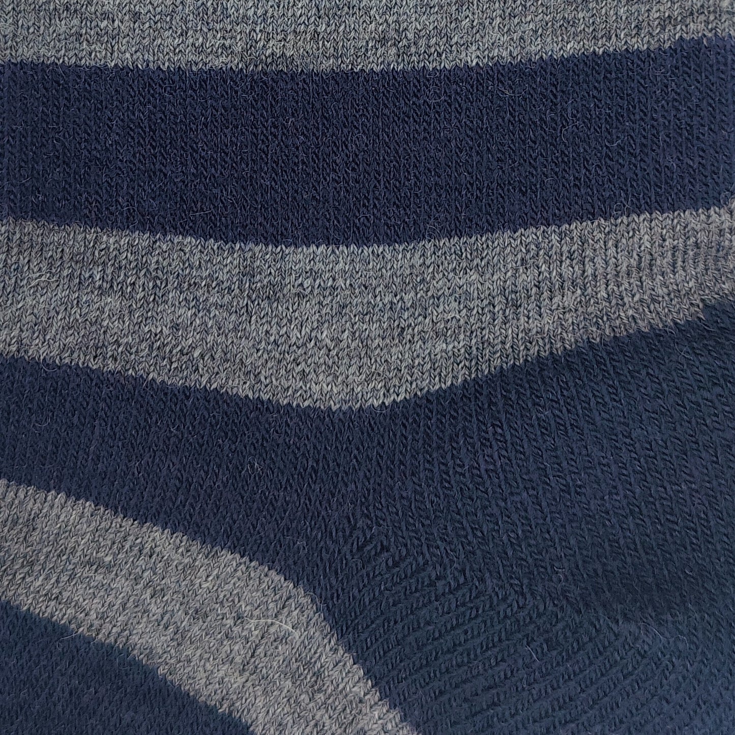 Close-up texture detail of Laetts navy and gray Merino wool crew socks featuring patent-allowed HygroHeat™ thermal yarn.