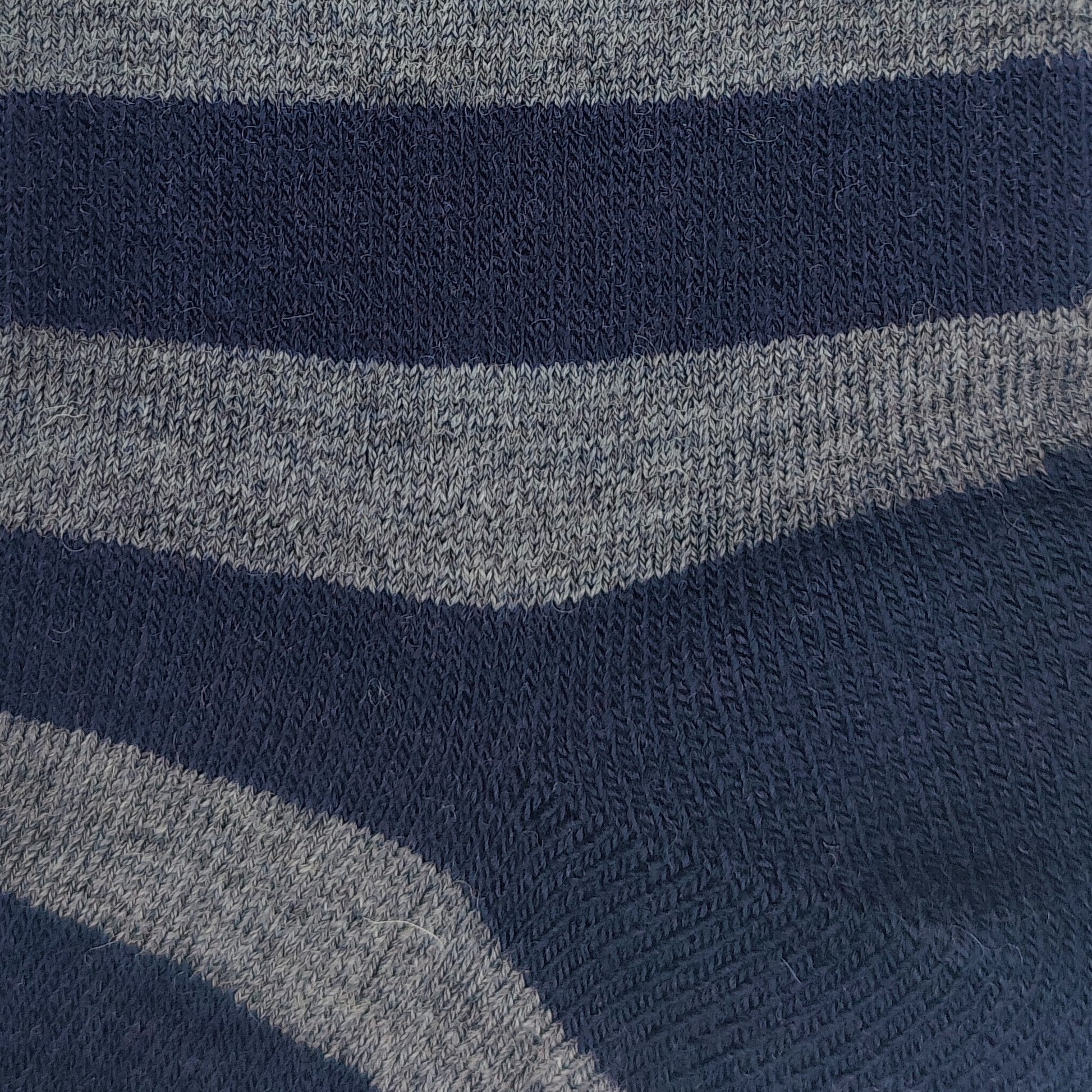 Close-up texture detail of Laetts navy and gray Merino wool crew socks featuring patent-allowed HygroHeat™ thermal yarn.