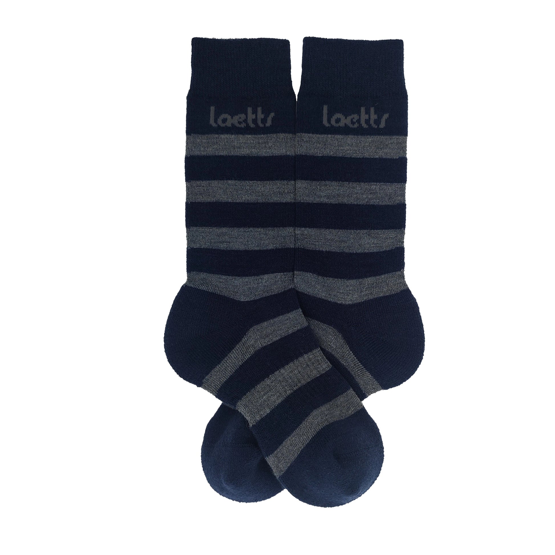 Laetts navy and gray striped Merino wool crew socks with patent-allowed HygroHeat™ thermal technology, flat lay product image.