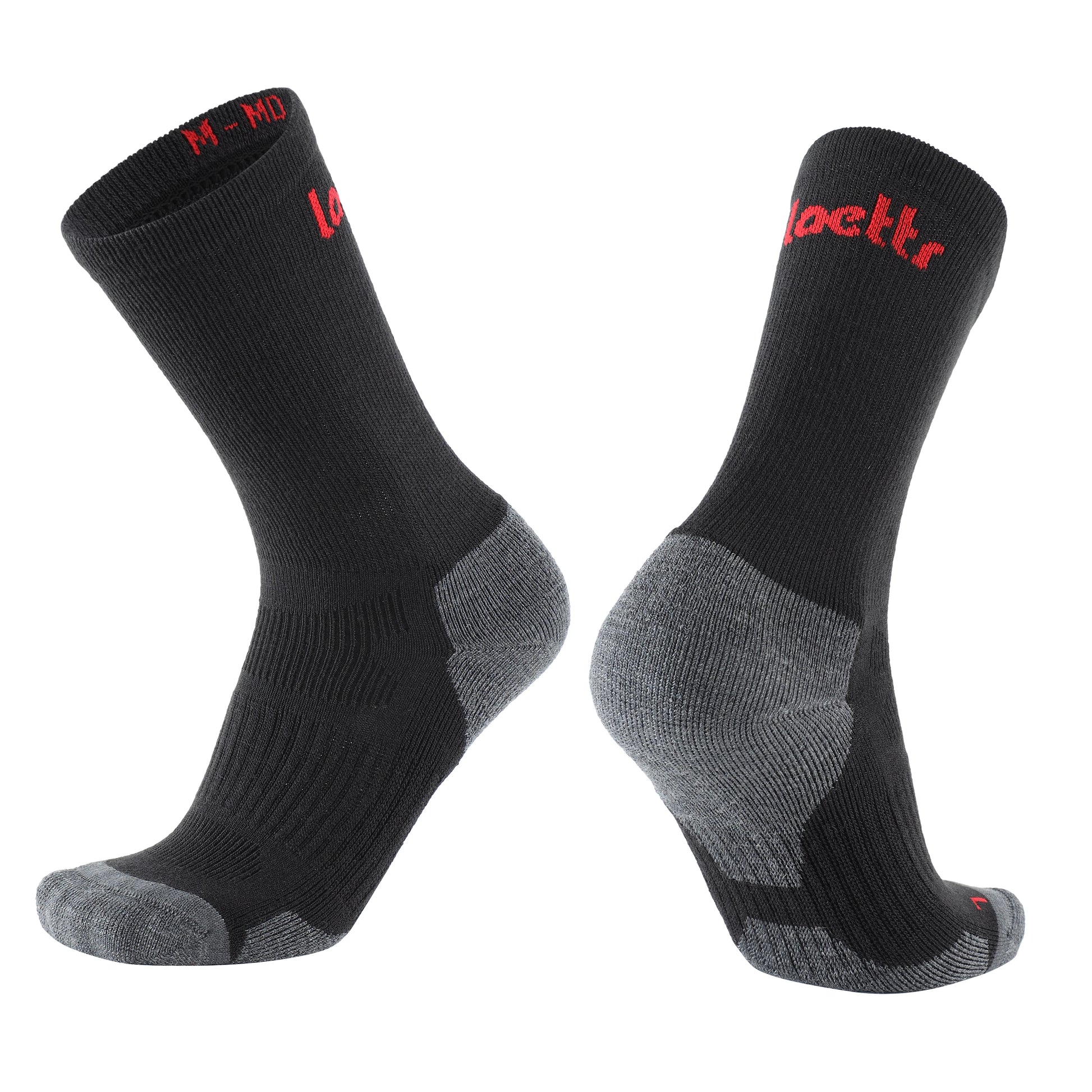 Laetts black medium hiking crew socks with Merino wool and patent-allowed HygroHeat™ thermal technology, angled product display.