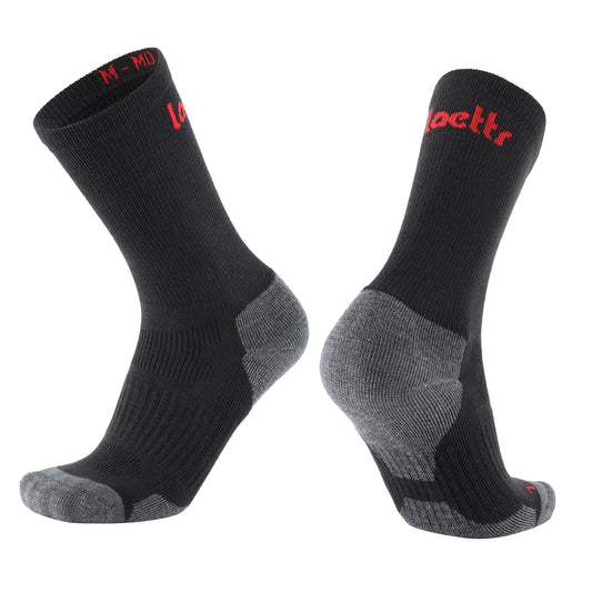 Laetts black medium hiking crew socks with Merino wool and patent-allowed HygroHeat™ thermal technology, angled product display.