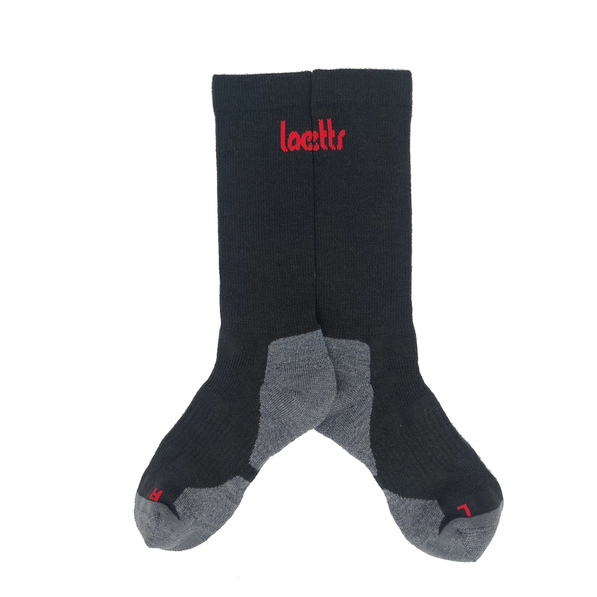 Laetts black medium hiking crew socks with Merino wool and patent-allowed HygroHeat™ thermal technology, flat lay product image.