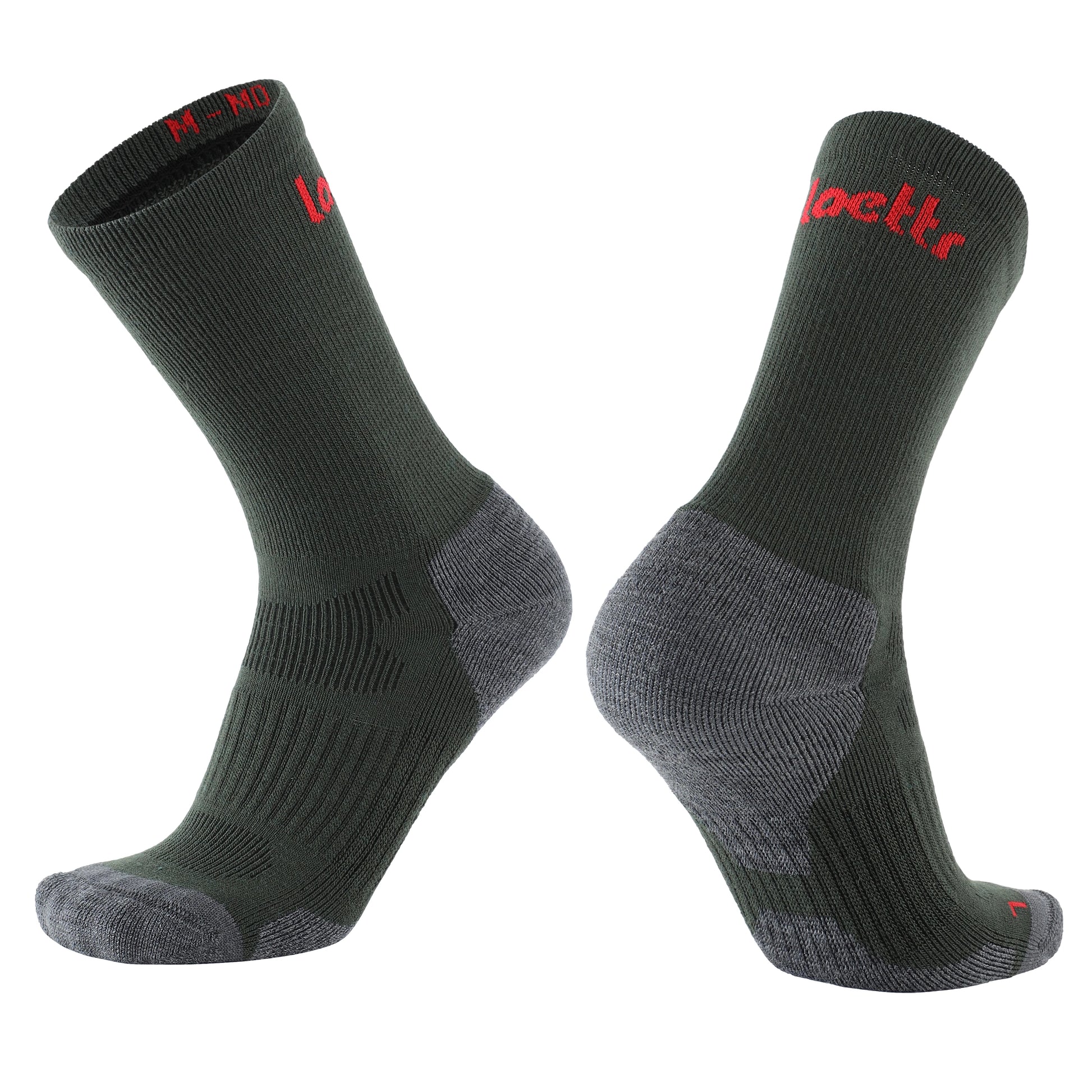 Laetts green medium hiking crew socks with Merino wool and patent-allowed HygroHeat™ thermal technology, angled product display.