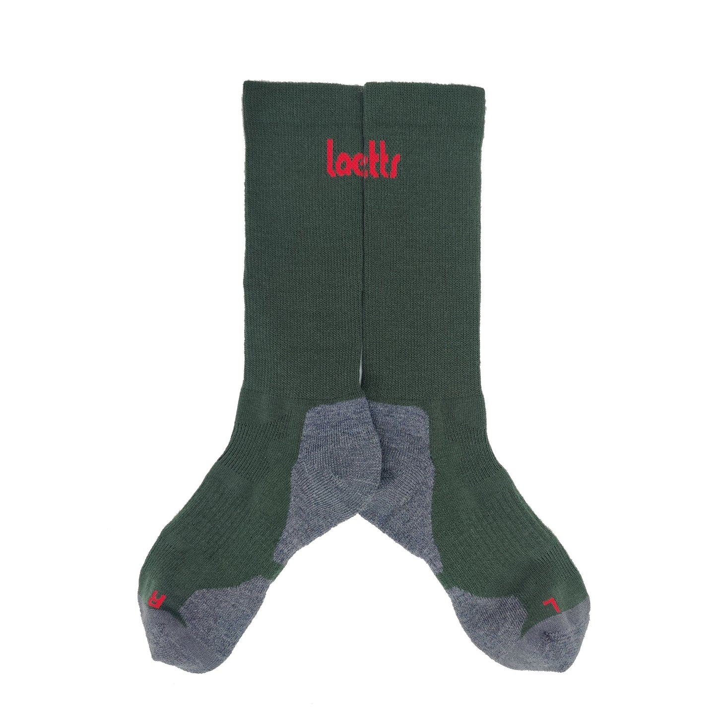 Laetts green medium hiking crew socks with Merino wool and patent-allowed HygroHeat™ thermal technology, flat lay product image.