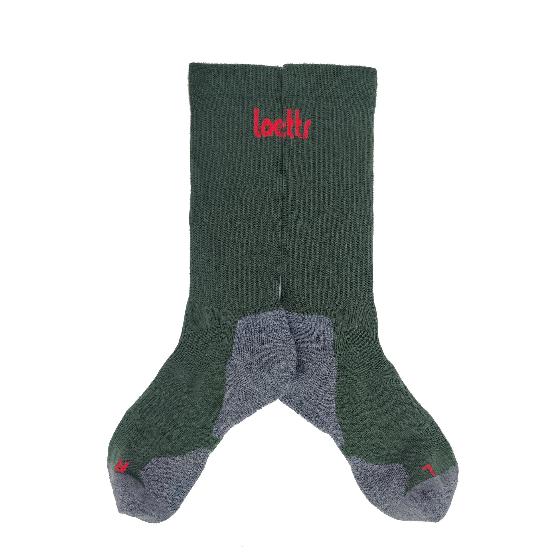 Laetts green medium hiking crew socks with Merino wool and patent-allowed HygroHeat™ thermal technology, flat lay product image.