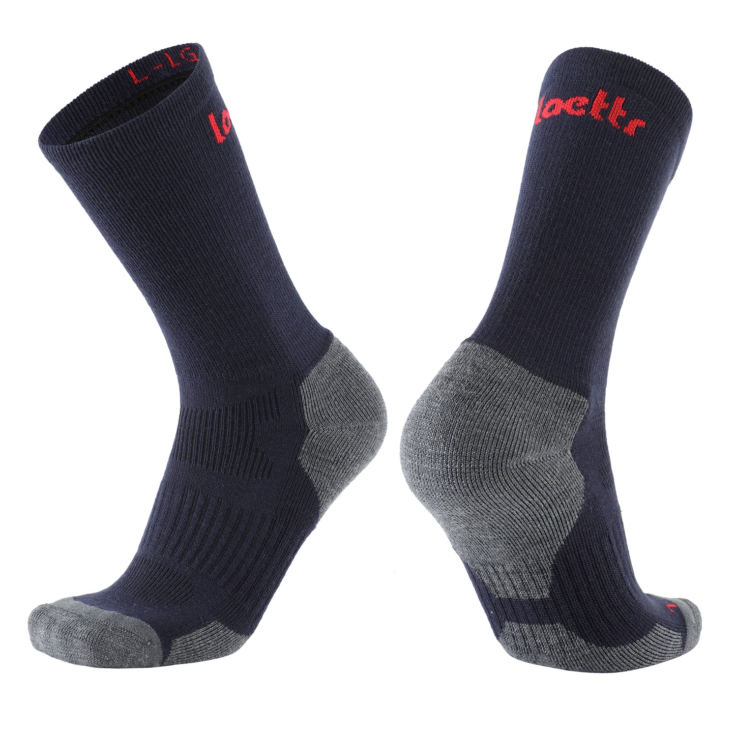 Laetts navy medium hiking crew socks with Merino wool and patent-allowed HygroHeat™ thermal technology, angled product display.