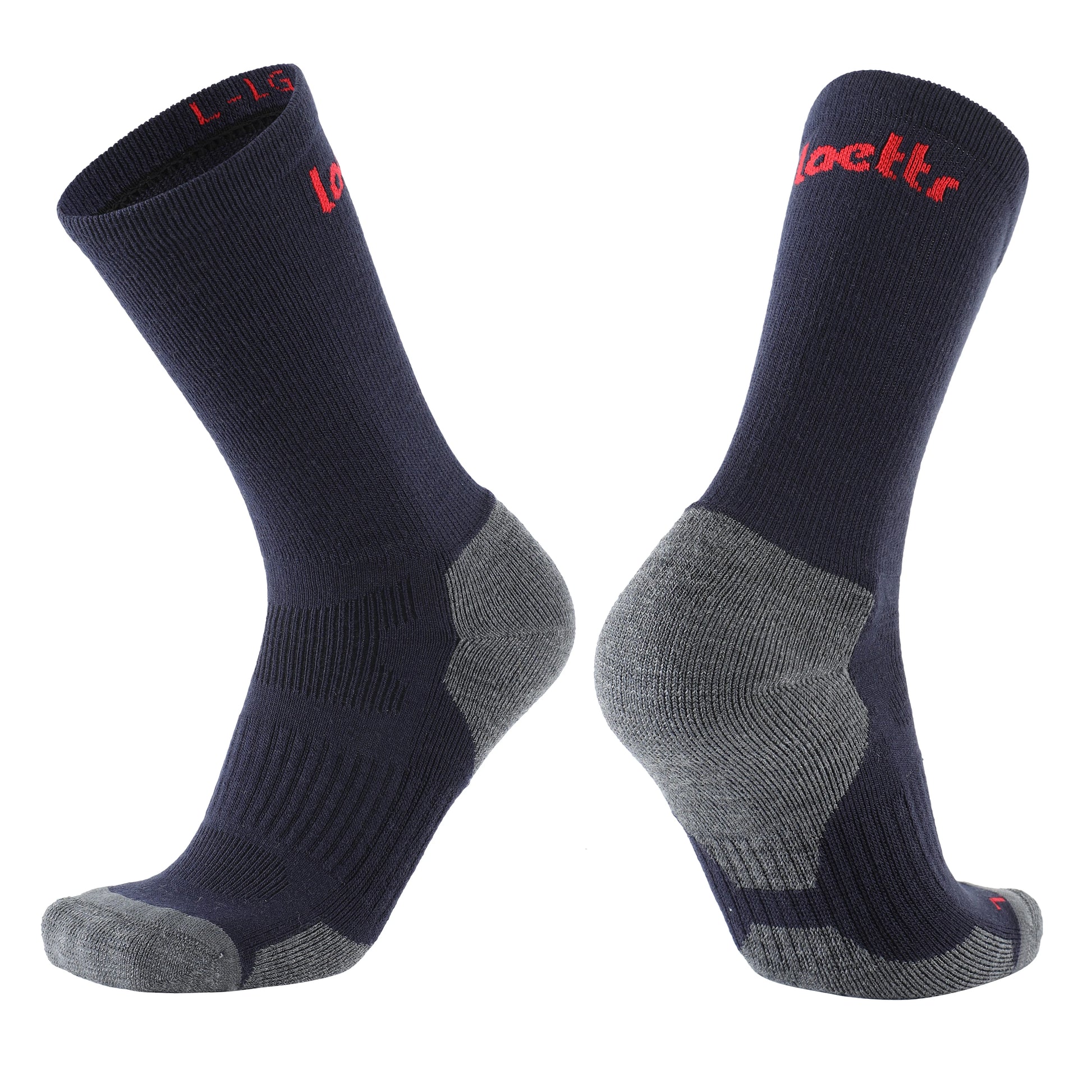 Laetts navy medium hiking crew socks with Merino wool and patent-allowed HygroHeat™ thermal technology, angled product display.