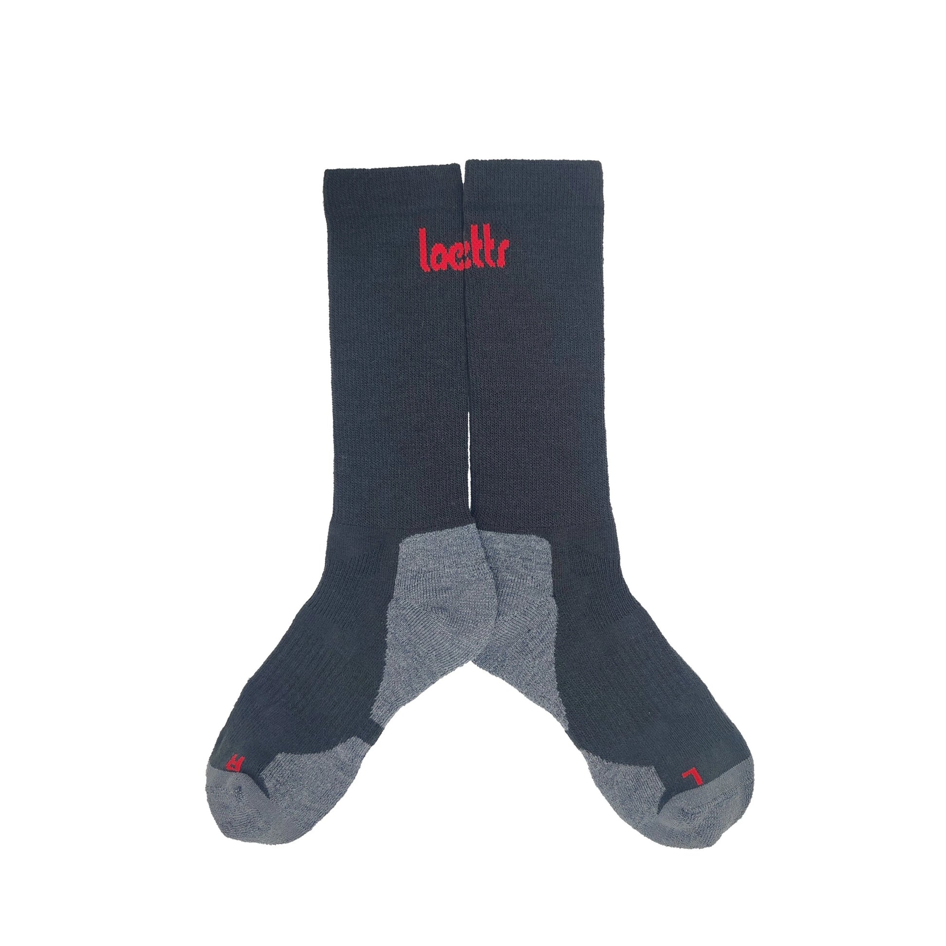 Laetts navy medium hiking crew socks with Merino wool and patent-allowed HygroHeat™ thermal technology, flat lay product image.