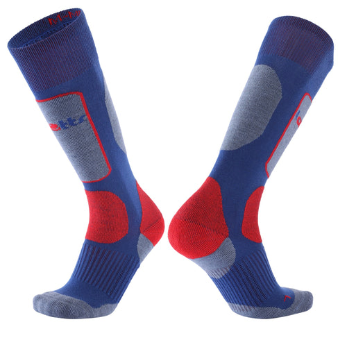 Laetts Merino Thermal Ski Socks in blue with red and gray paneling, shown from both left and right sides to highlight compression zones and BootGlide areas.