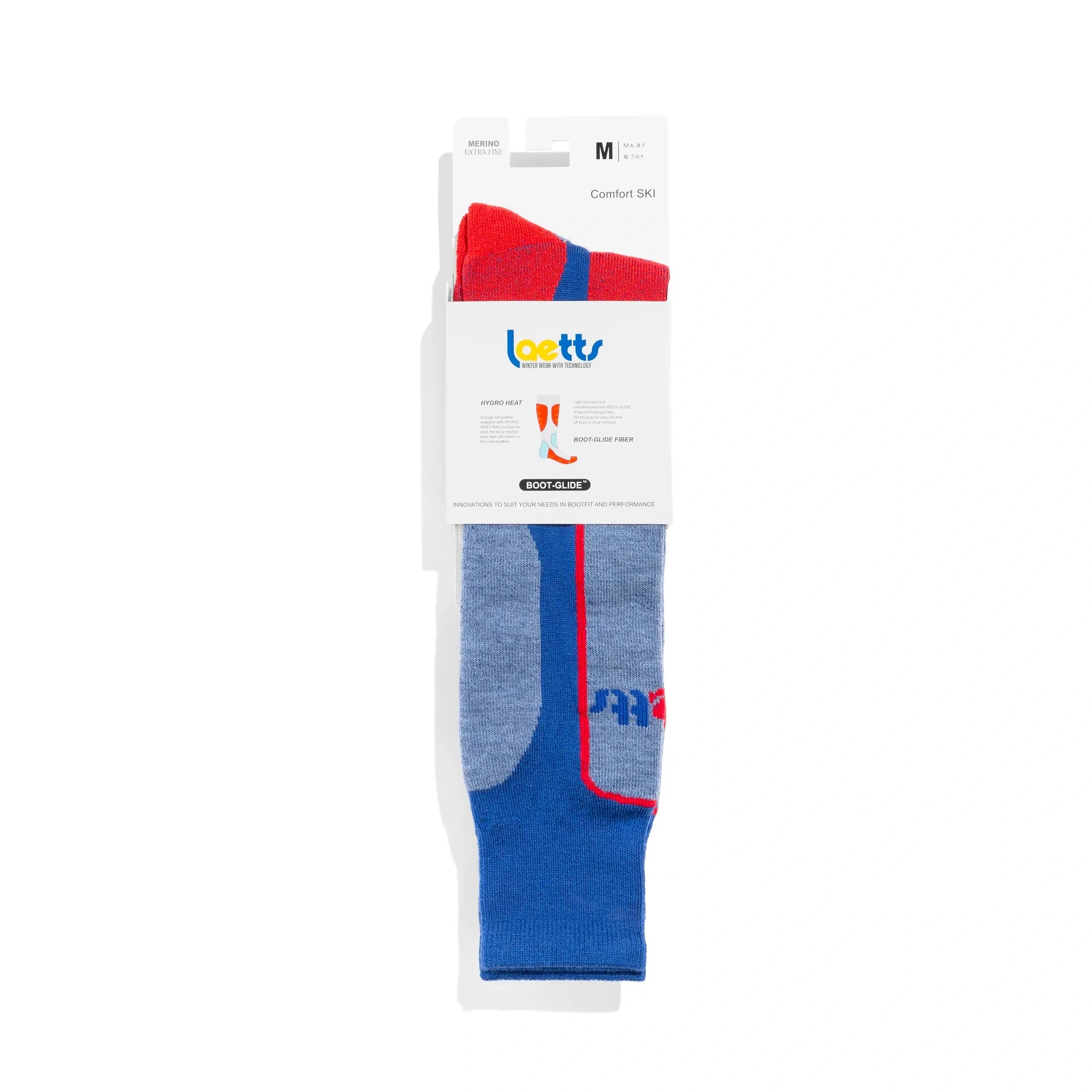 Laetts Merino Thermal BootGlide ski socks in packaging, showing HygroHeat warmth and BootGlide easy boot-on/off features.